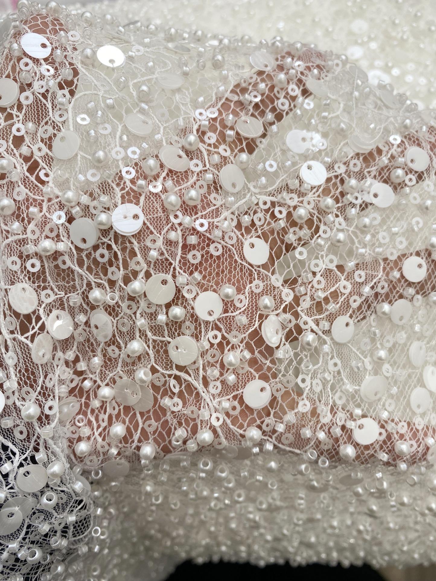 Luxury Beaded Tulle Lace Fabric, White Sequined Bridal Mesh by the Yard for Wedding Dress, Veil, Bridal Gown Embroidery, Floral Lace
