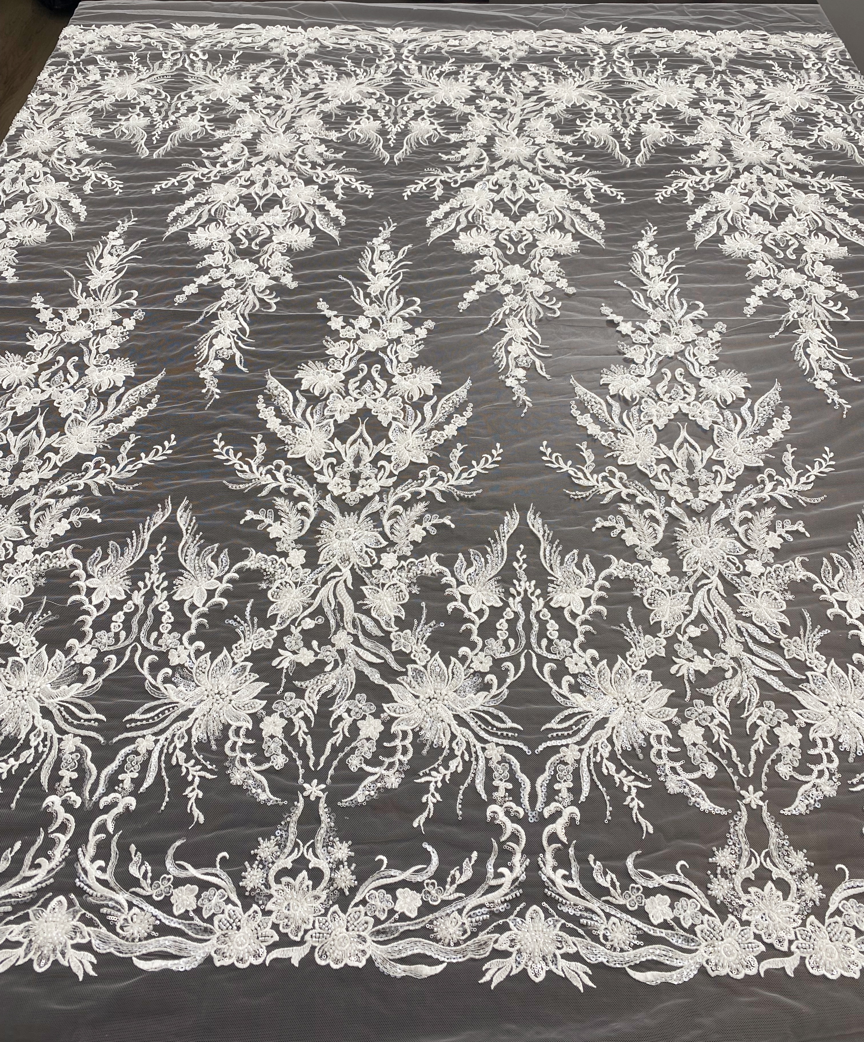 Sequin Floral Embroidery Lace Fabric by yard, Ivory Tulle Bridal Dress Lace for DIY sewing, Designer Dressmaking Supplies