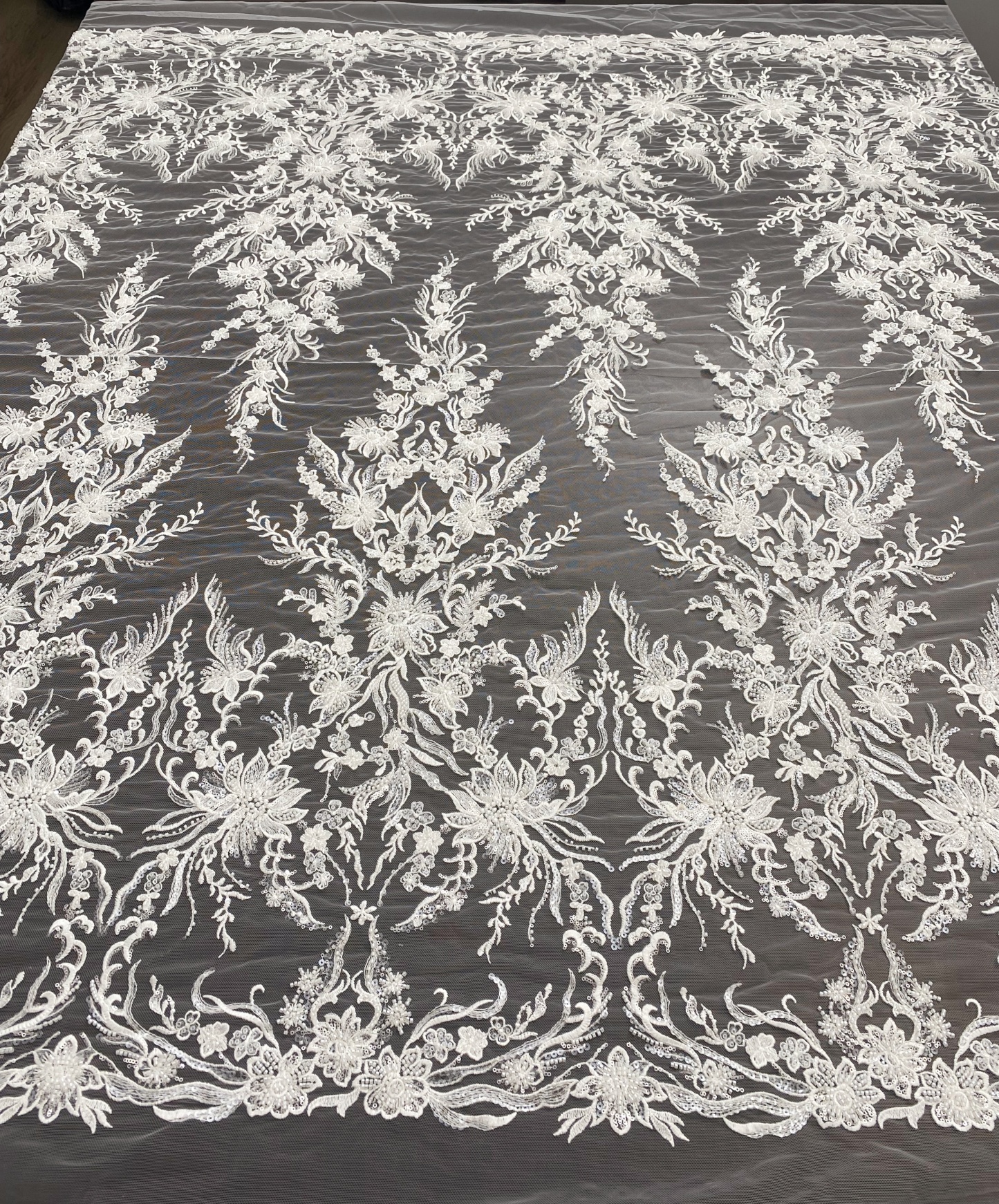 Sequin Floral Embroidery Lace Fabric by yard, Ivory Tulle Bridal Dress Lace for DIY sewing, Designer Dressmaking Supplies