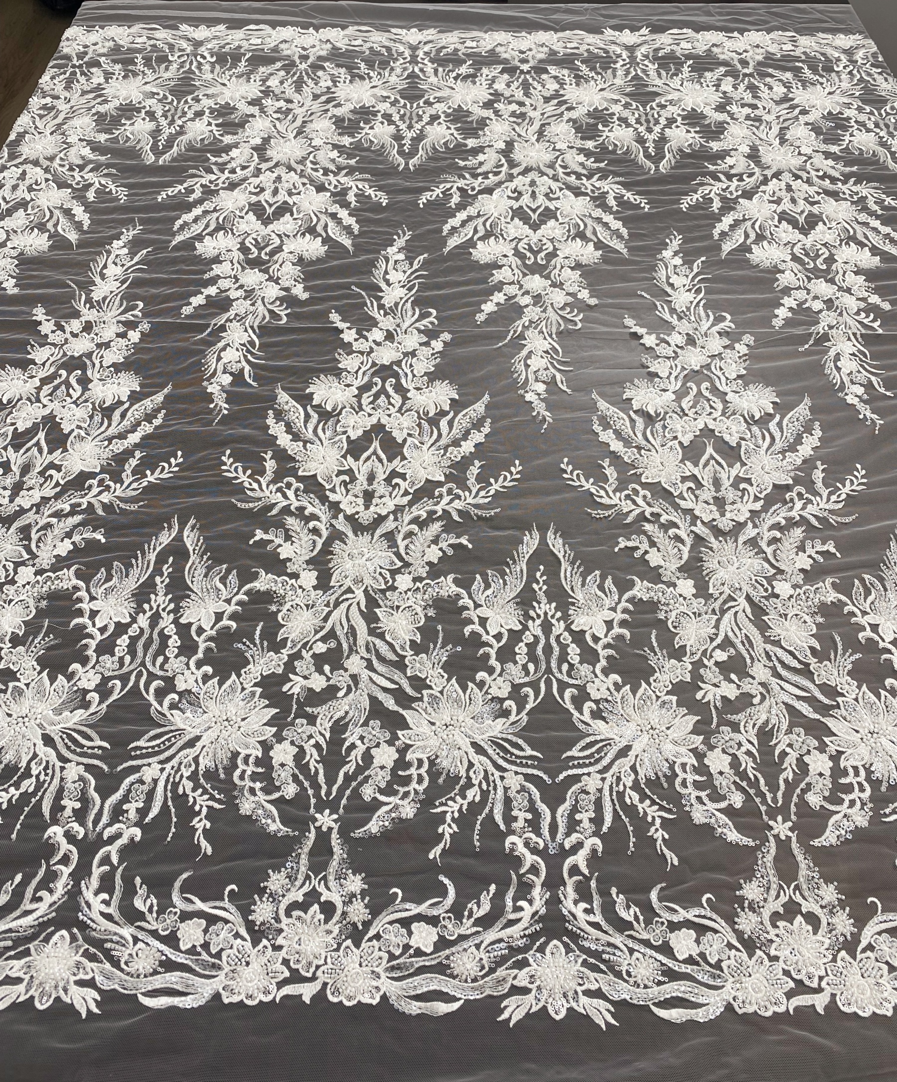 Sequin Floral Embroidery Lace Fabric by yard, Ivory Tulle Bridal Dress Lace for DIY sewing, Designer Dressmaking Supplies