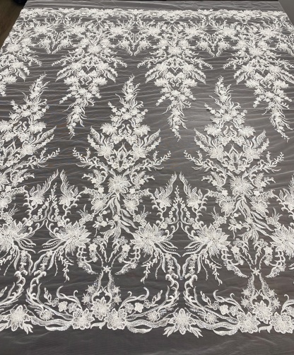 Sequin Floral Embroidery Lace Fabric by yard, Ivory Tulle Bridal Dress Lace for DIY sewing, Designer Dressmaking Supplies