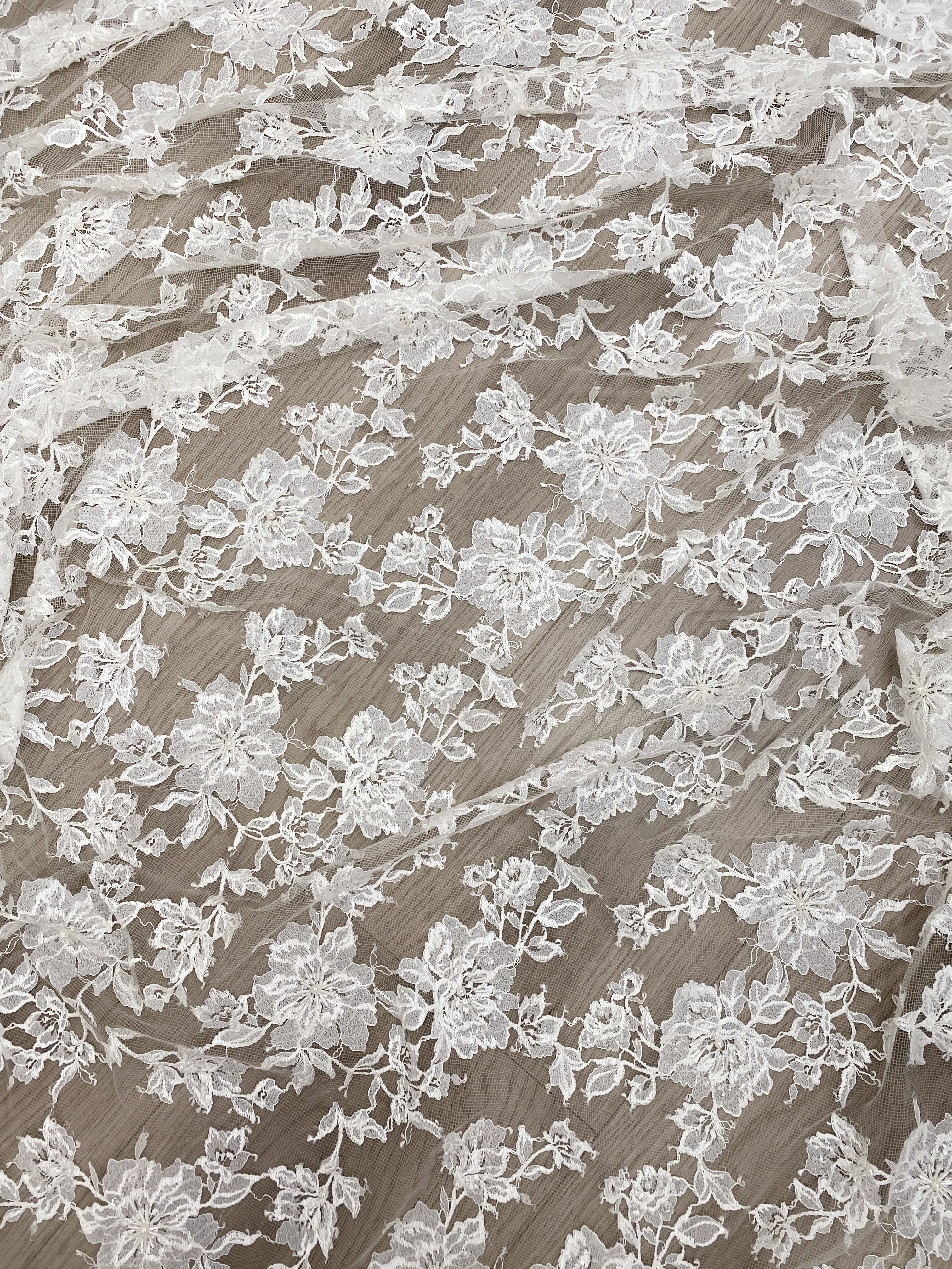 Ivory Floral Pearl lace Fabric for Bridal Wedding Dress, Gown,Romantic 3D Embroidery Tulle flower applique fabric by the yard