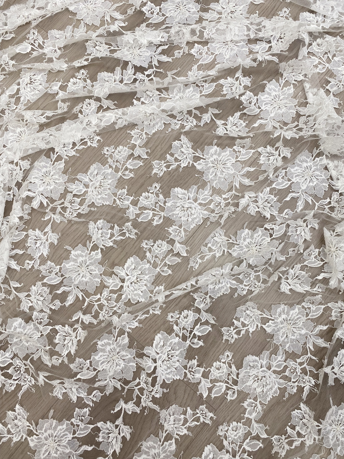 Ivory Floral Pearl lace Fabric for Bridal Wedding Dress, Gown,Romantic 3D Embroidery Tulle flower applique fabric by the yard