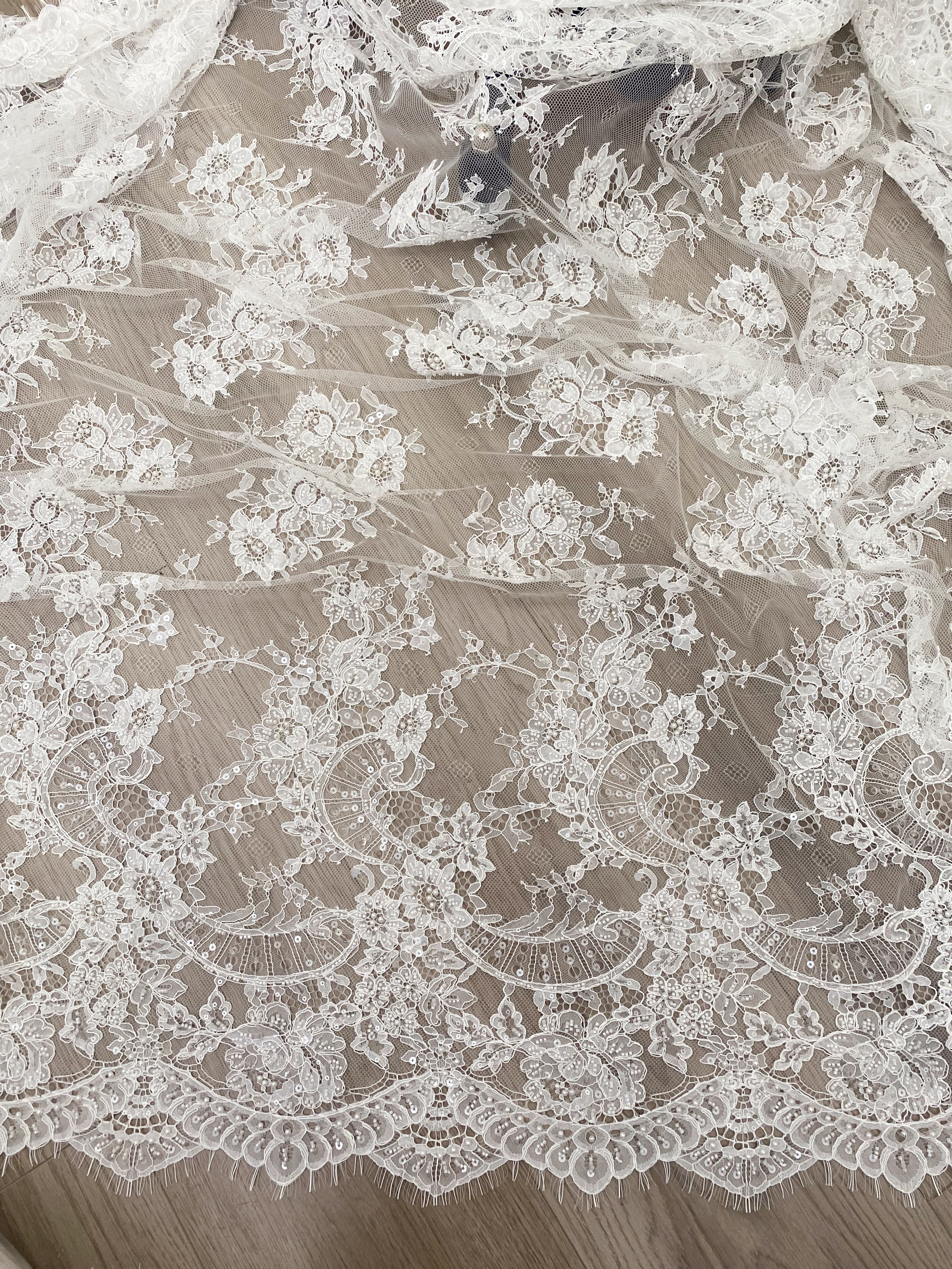 Ivory Beaded Chantilly Lace Fabric for Wedding Dress,Bridal Gown Veil,Sold by 3 Meter