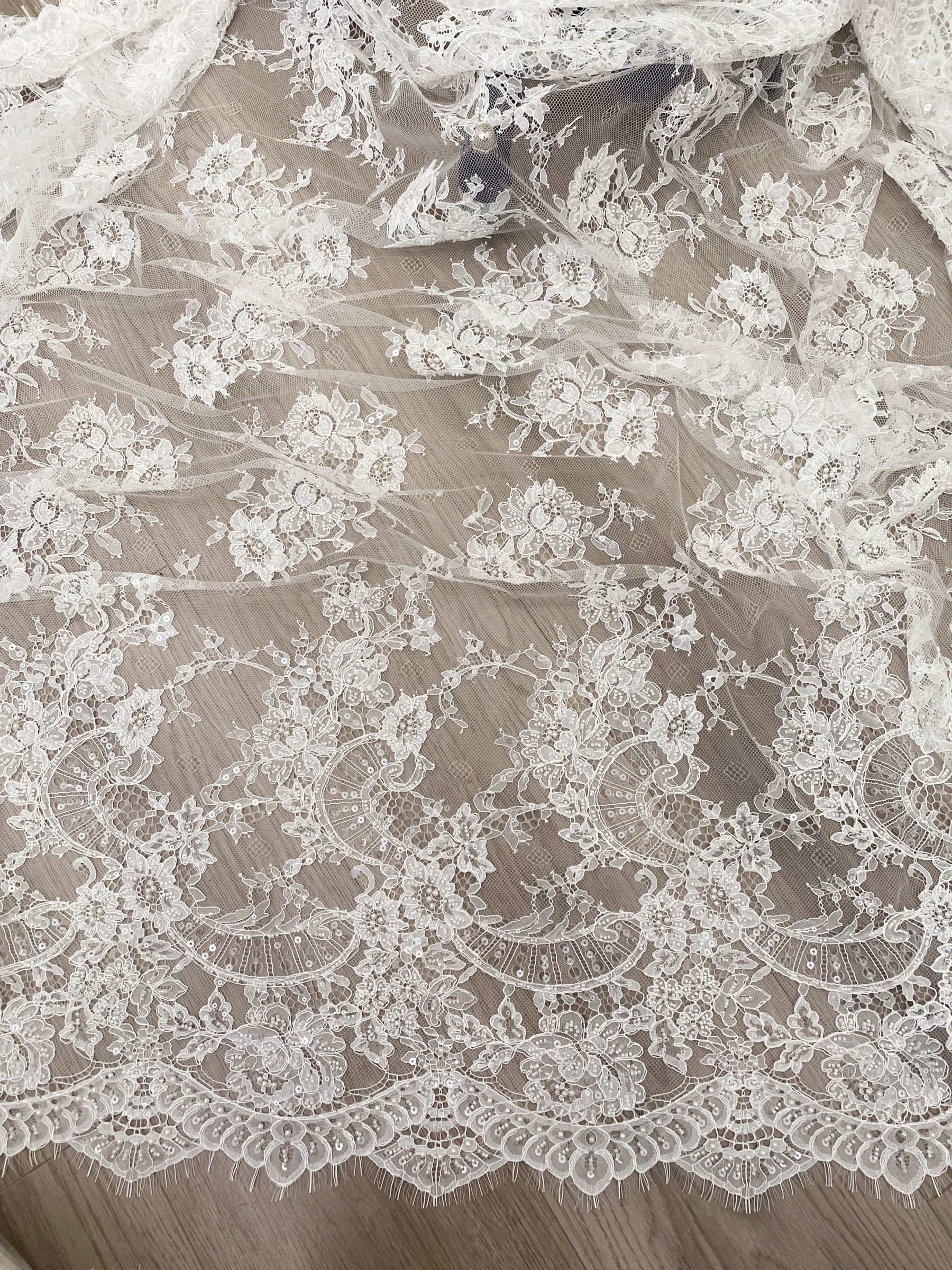 Ivory Beaded Chantilly Lace Fabric for Wedding Dress,Bridal Gown Veil,Sold by 3 Meter