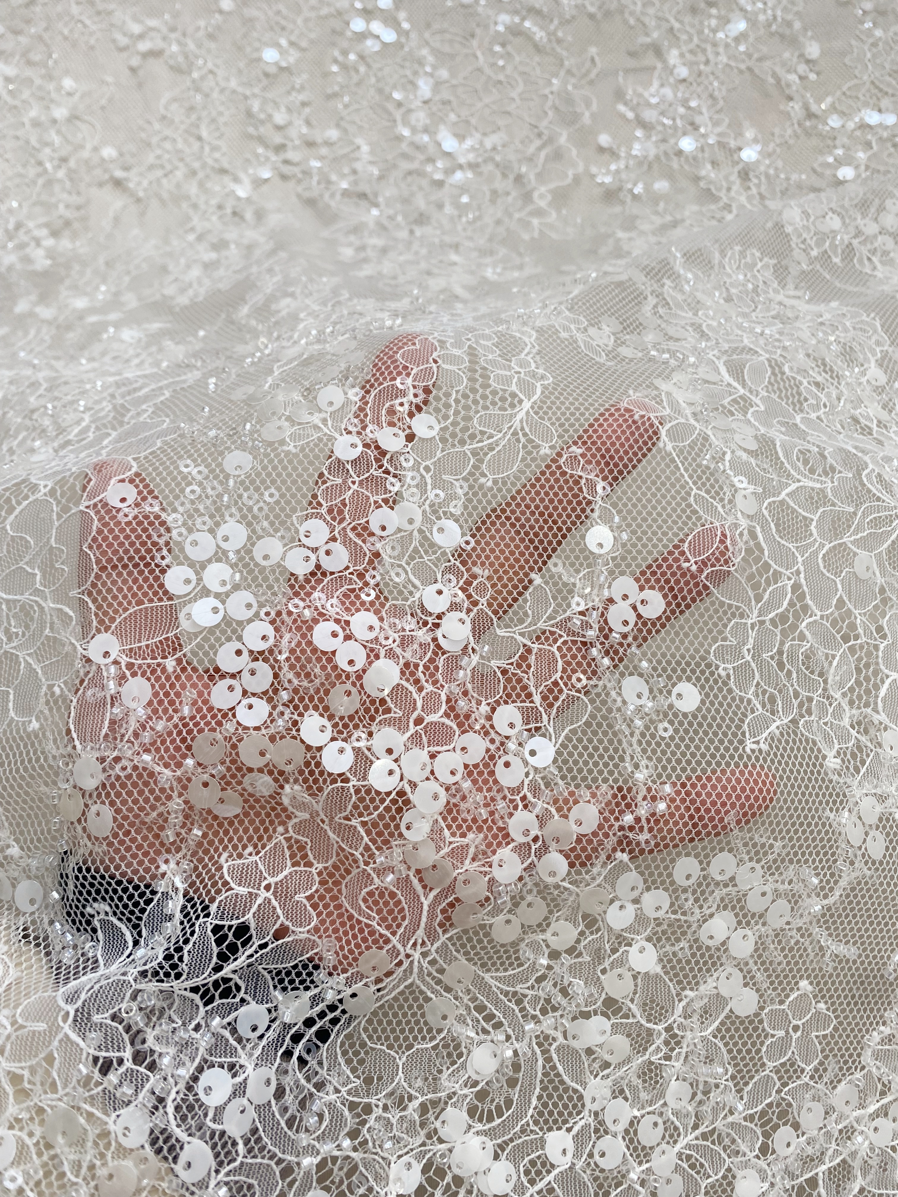3 Meter French Chantilly Lace Fabric, Beaded Bridal Lace with Sequins, White Eyelash Lace Veil Lace Floral Lace for Wedding Dress