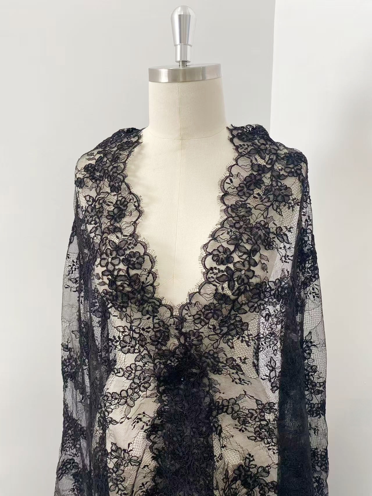 Black Chantilly lace fabric with cord, French bridal wedding lace, eyelash veil lace, scalloped floral lace, sold by 3 maters