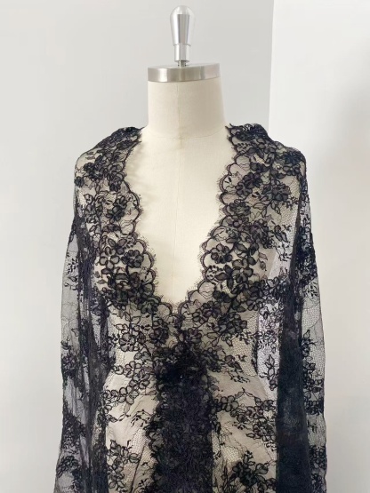 Black Chantilly lace fabric with cord, French bridal wedding lace, eyelash veil lace, scalloped floral lace, sold by 3 maters