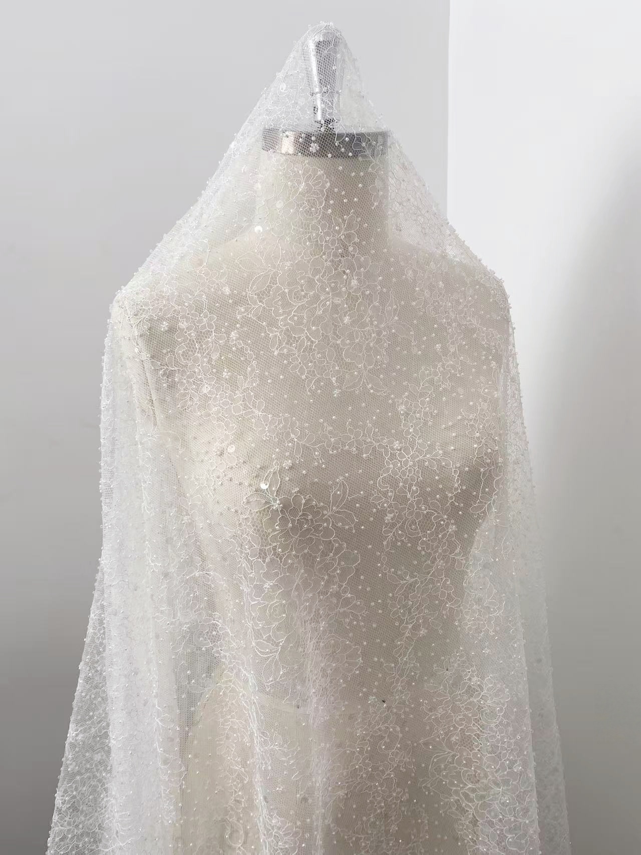 White Beaded Chantilly French Lace Fabric, Floral Embroidered Lace with Eyelash for Wedding Dress Veils, Sequin Bridal Lace,Sold by 3 Meters