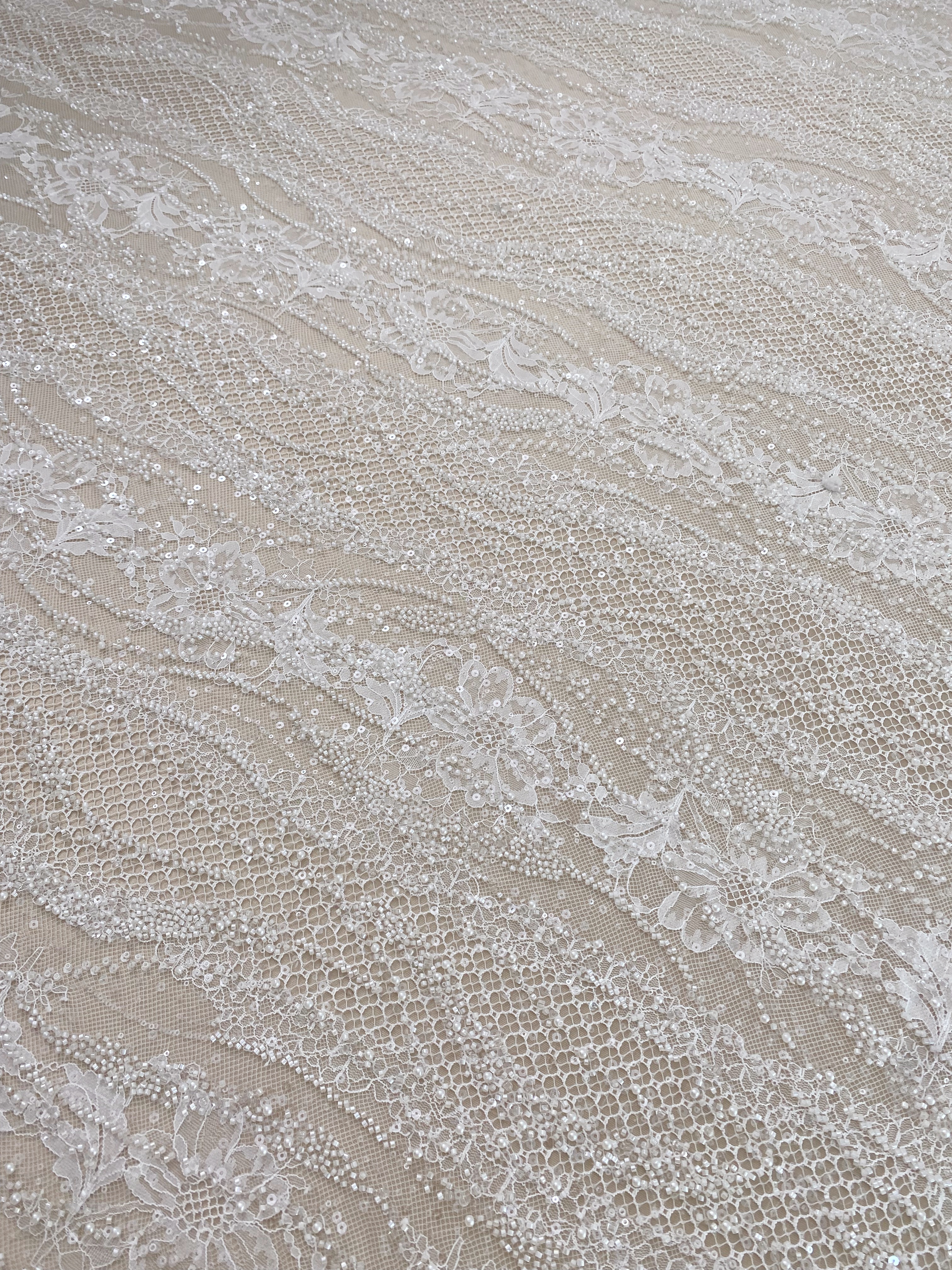 Ivory Beaded Chantilly Lace Fabric for Wedding Dress,Bridal Gown Veil,Sold by 3 Meter