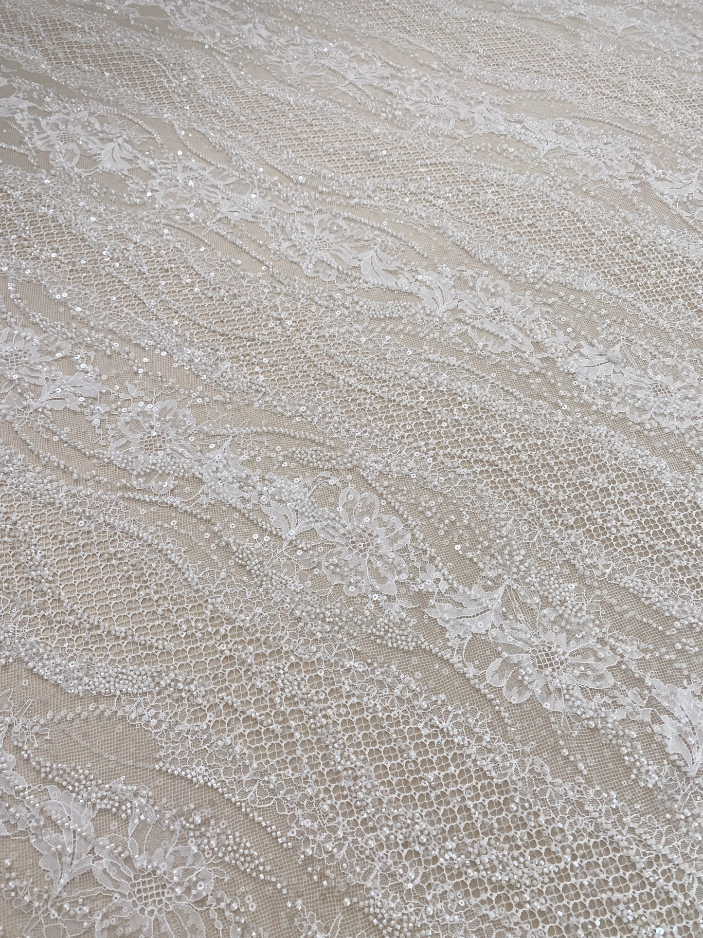 Ivory Beaded Chantilly Lace Fabric for Wedding Dress,Bridal Gown Veil,Sold by 3 Meter