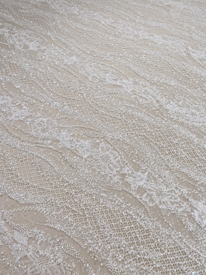 Ivory Beaded Chantilly Lace Fabric for Wedding Dress,Bridal Gown Veil,Sold by 3 Meter