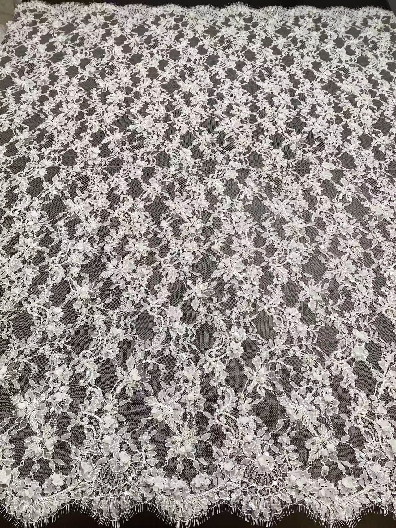 3 Meters White Bead Chantilly Lace Fabric with 3D Flower for Wedding Dress, Bridal Gown Veil, Alencon Lace Floral Trim Eyelash Edging