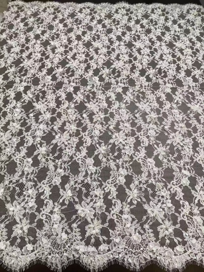 3 Meters White Bead Chantilly Lace Fabric with 3D Flower for Wedding Dress, Bridal Gown Veil, Alencon Lace Floral Trim Eyelash Edging