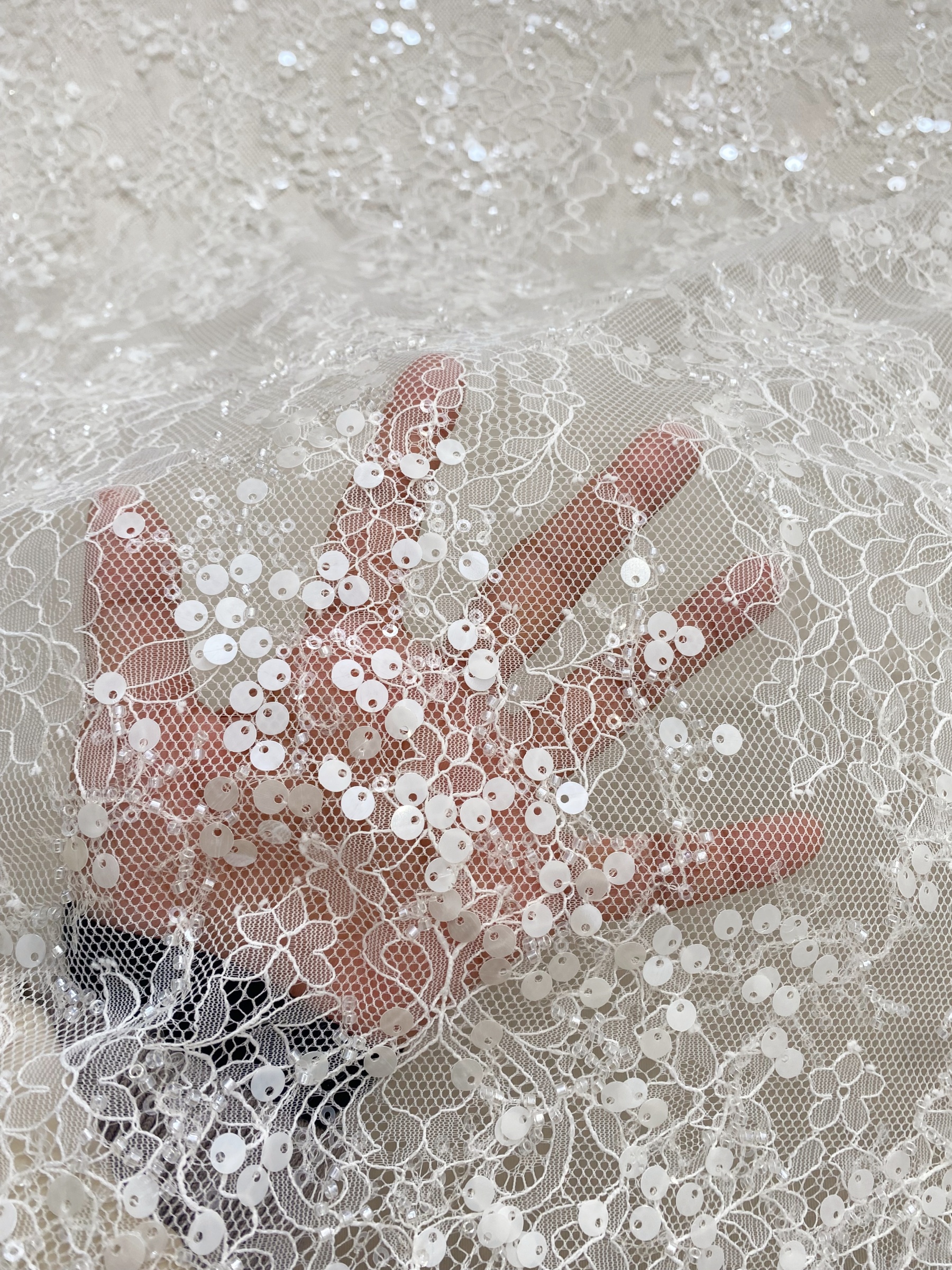 3 Meter French Chantilly Lace Fabric, Beaded Bridal Lace with Sequins, White Eyelash Lace Veil Lace Floral Lace for Wedding Dress