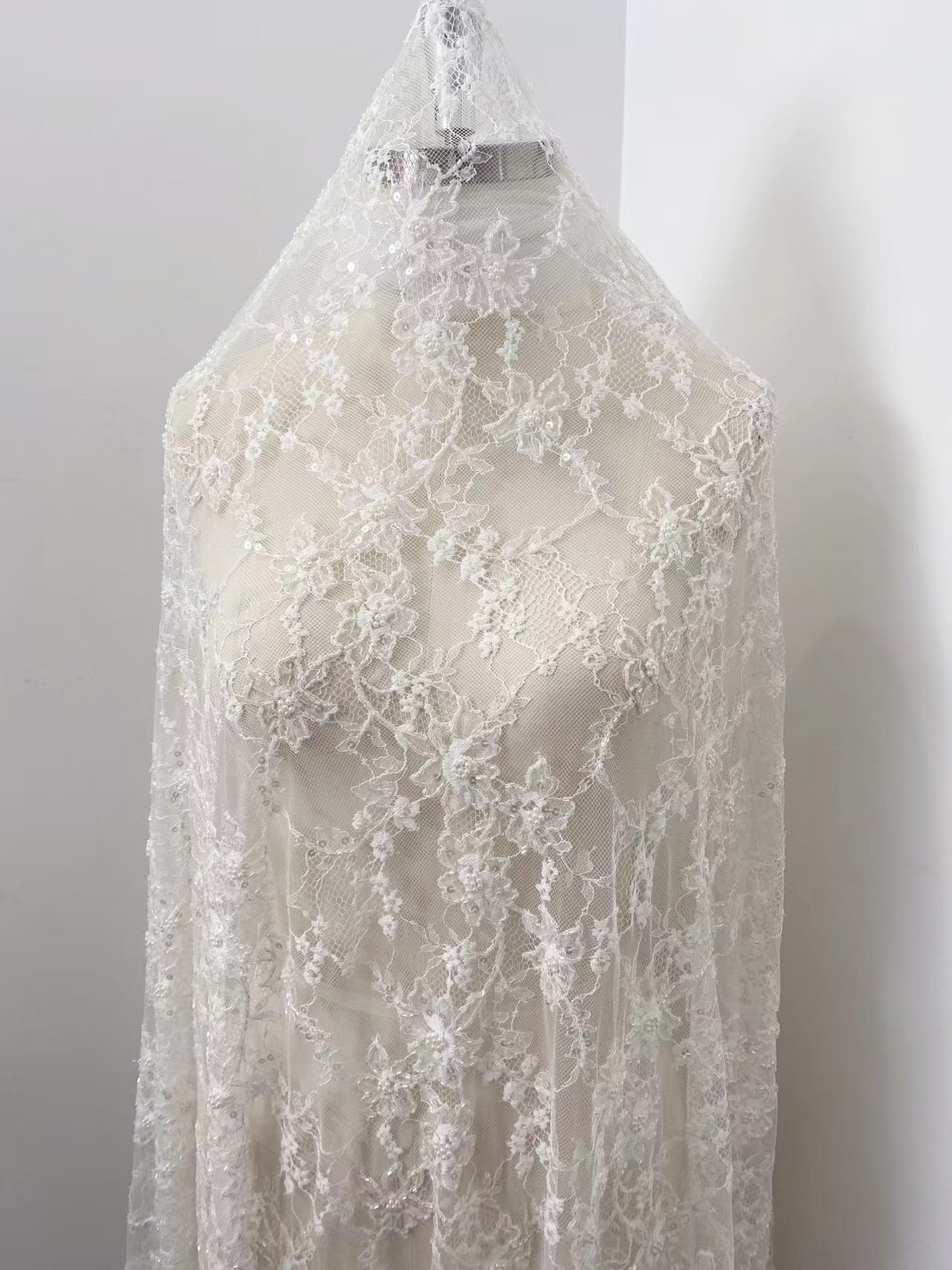 Luxurious Beaded French Chantilly Lace Fabric, Sequin Floral Embroidery Lace for wedding shrugs,bridal gown,Sold by 3 Yard