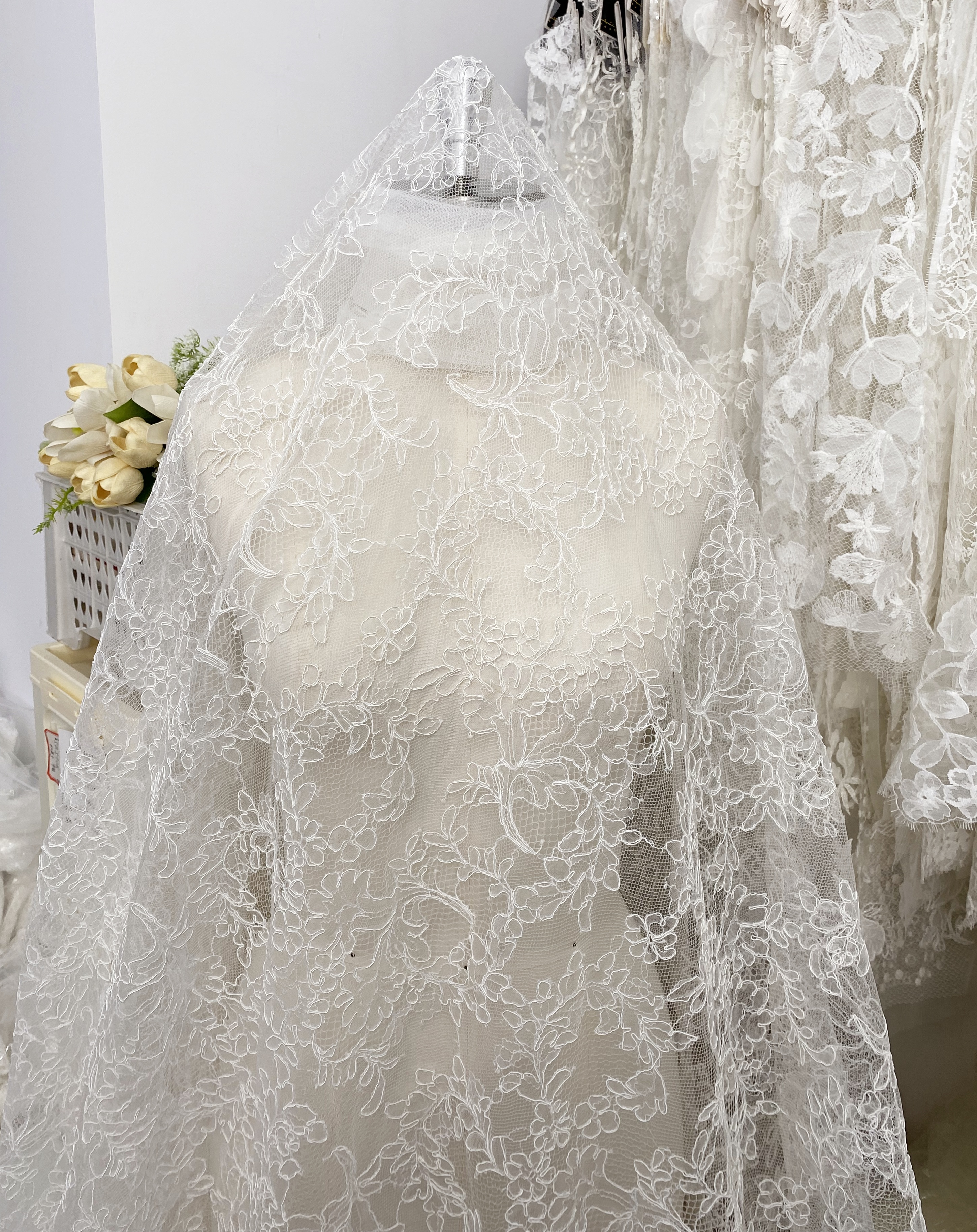 Exclusive Design for 2026: 3 Meters French Lace with Corded, 150cm Wide Alencon Eyelash Lace Fabric for Wedding Dress, Bridal gown, Veil