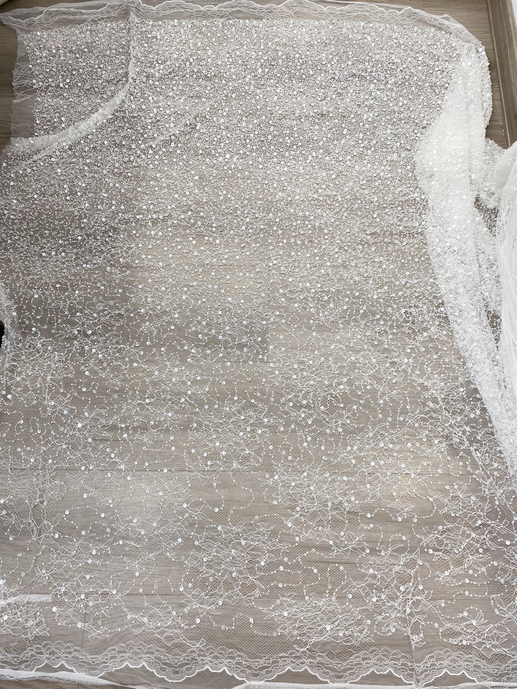 Luxury Beaded Tulle Lace Fabric, White Sequined Bridal Mesh by the Yard for Wedding Dress, Veil, Bridal Gown Embroidery, Floral Lace