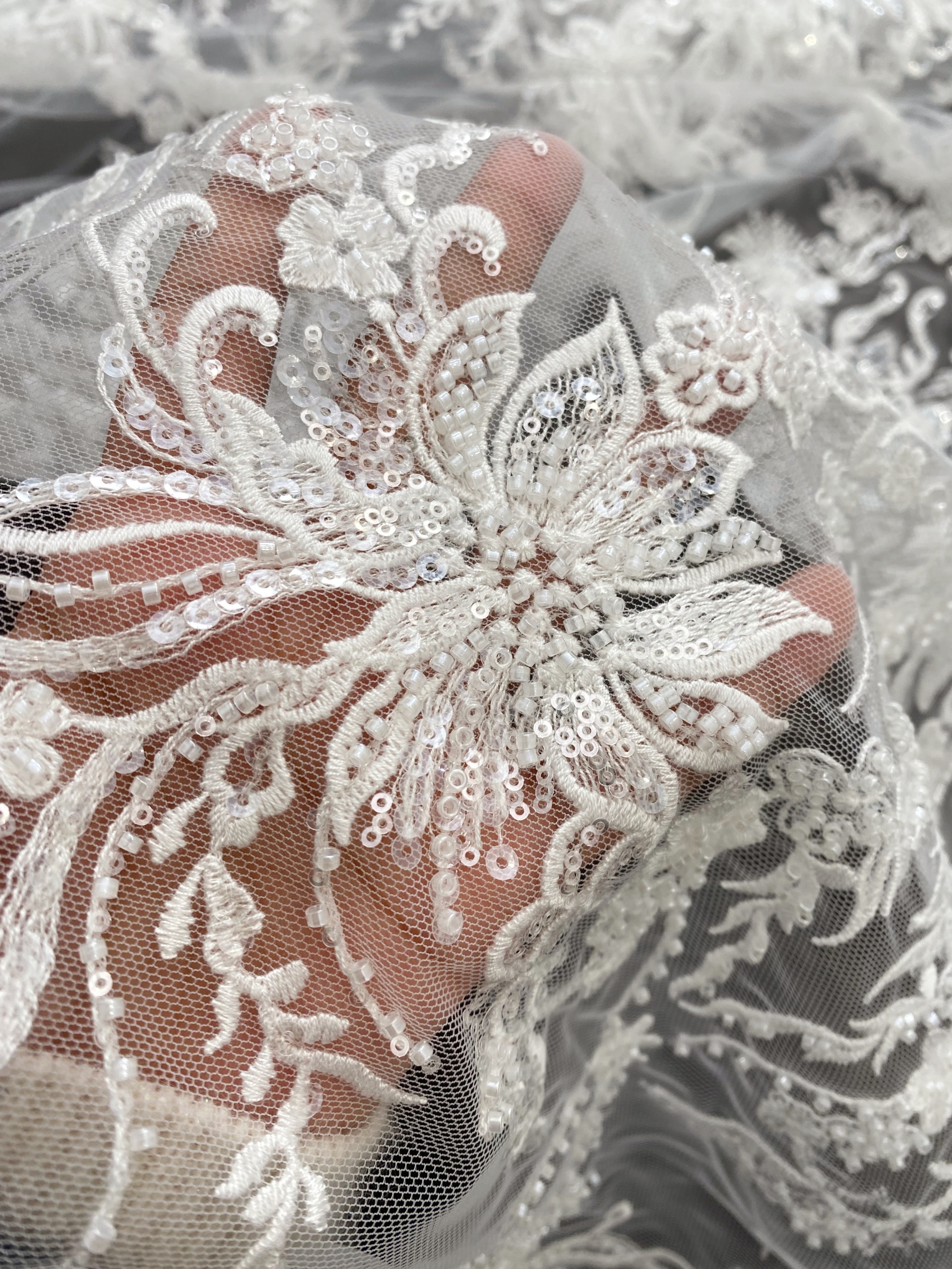 Sequin Floral Embroidery Lace Fabric by yard, Ivory Tulle Bridal Dress Lace for DIY sewing, Designer Dressmaking Supplies