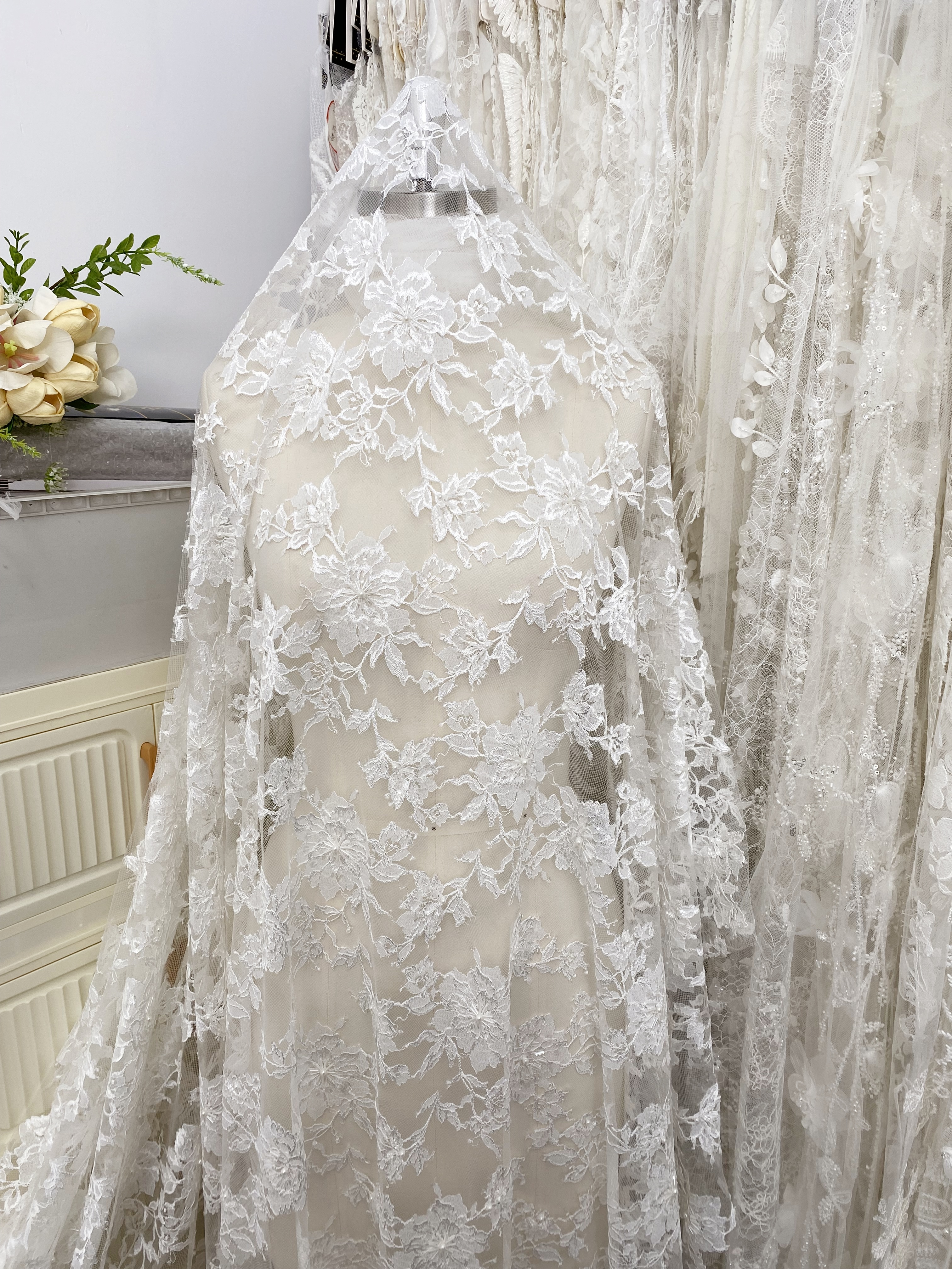 Ivory Floral Pearl lace Fabric for Bridal Wedding Dress, Gown,Romantic 3D Embroidery Tulle flower applique fabric by the yard