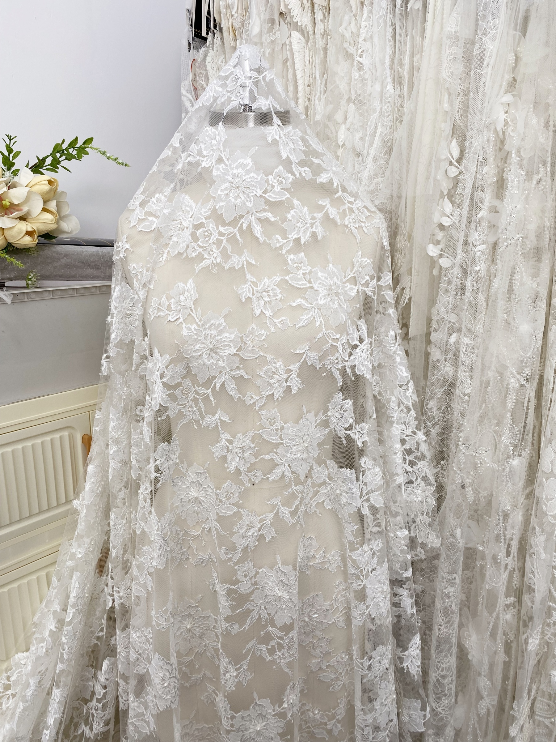 Ivory Floral Pearl lace Fabric for Bridal Wedding Dress, Gown,Romantic 3D Embroidery Tulle flower applique fabric by the yard