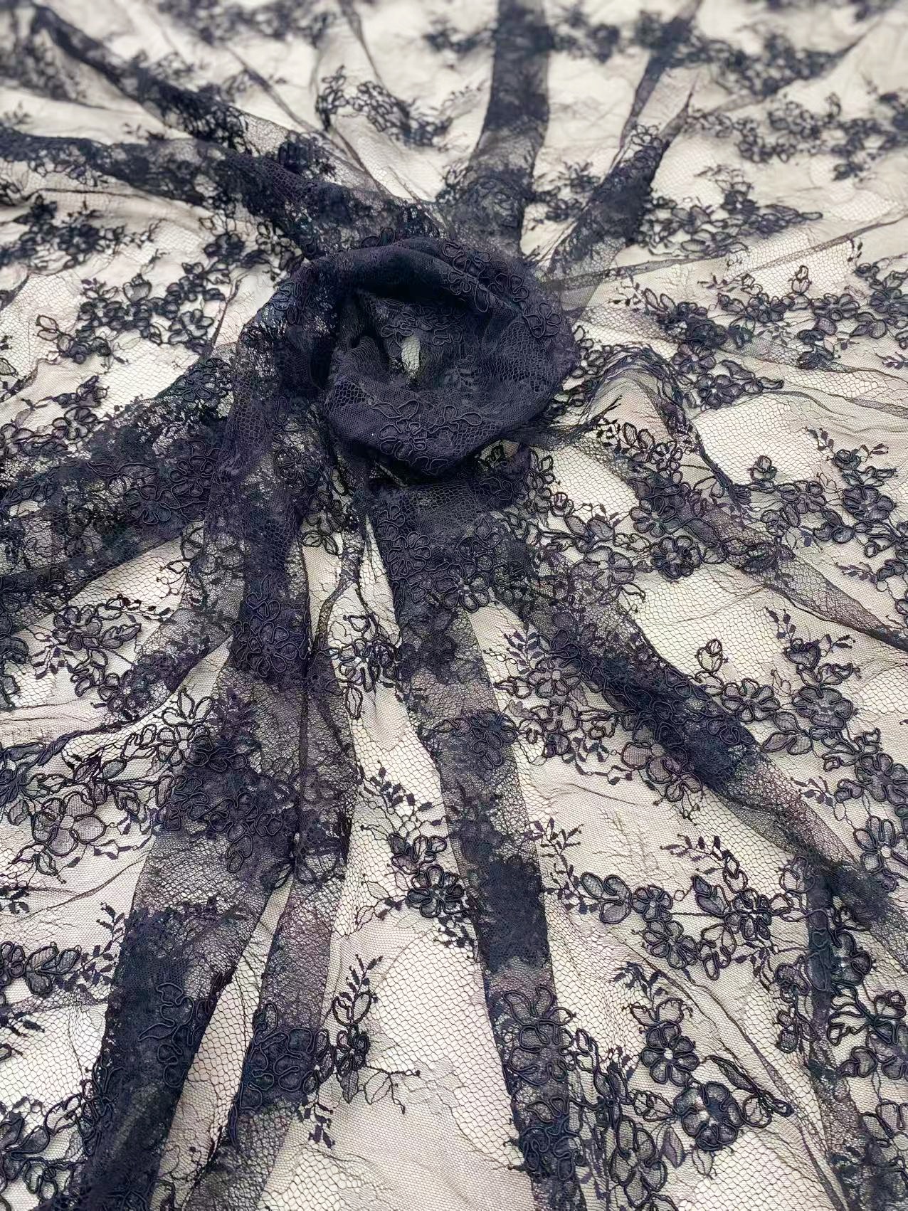 Black Chantilly lace fabric with cord, French bridal wedding lace, eyelash veil lace, scalloped floral lace, sold by 3 maters