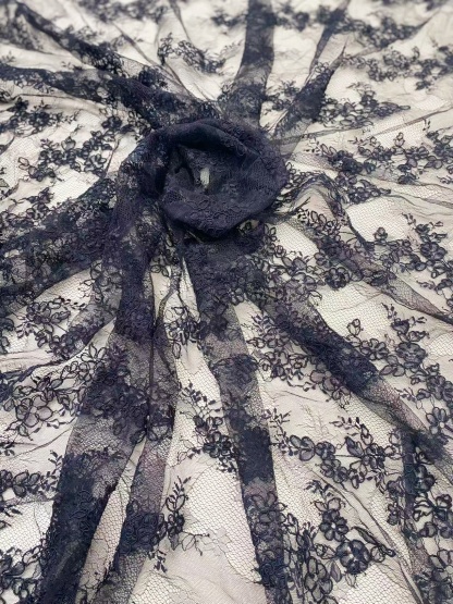 Black Chantilly lace fabric with cord, French bridal wedding lace, eyelash veil lace, scalloped floral lace, sold by 3 maters