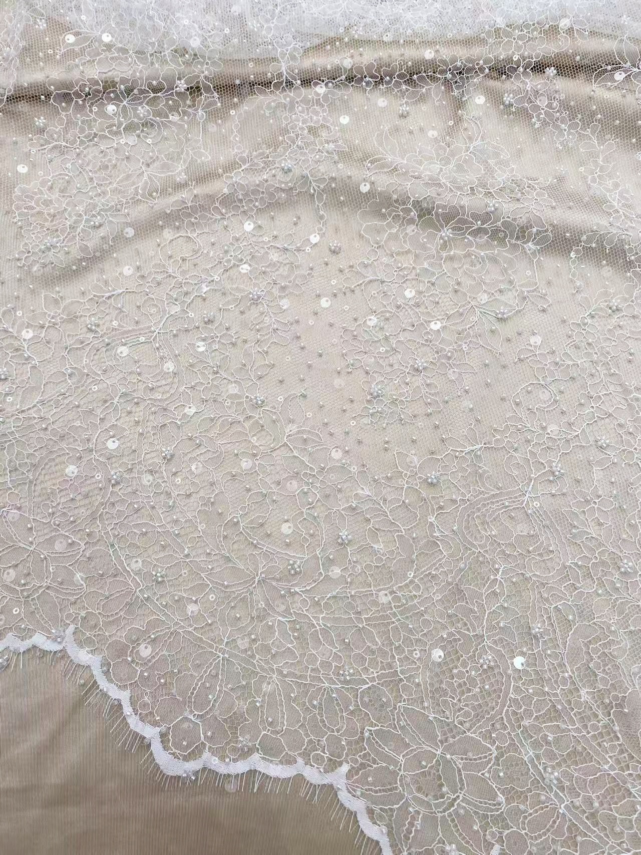 White Beaded Chantilly French Lace Fabric, Floral Embroidered Lace with Eyelash for Wedding Dress Veils, Sequin Bridal Lace,Sold by 3 Meters