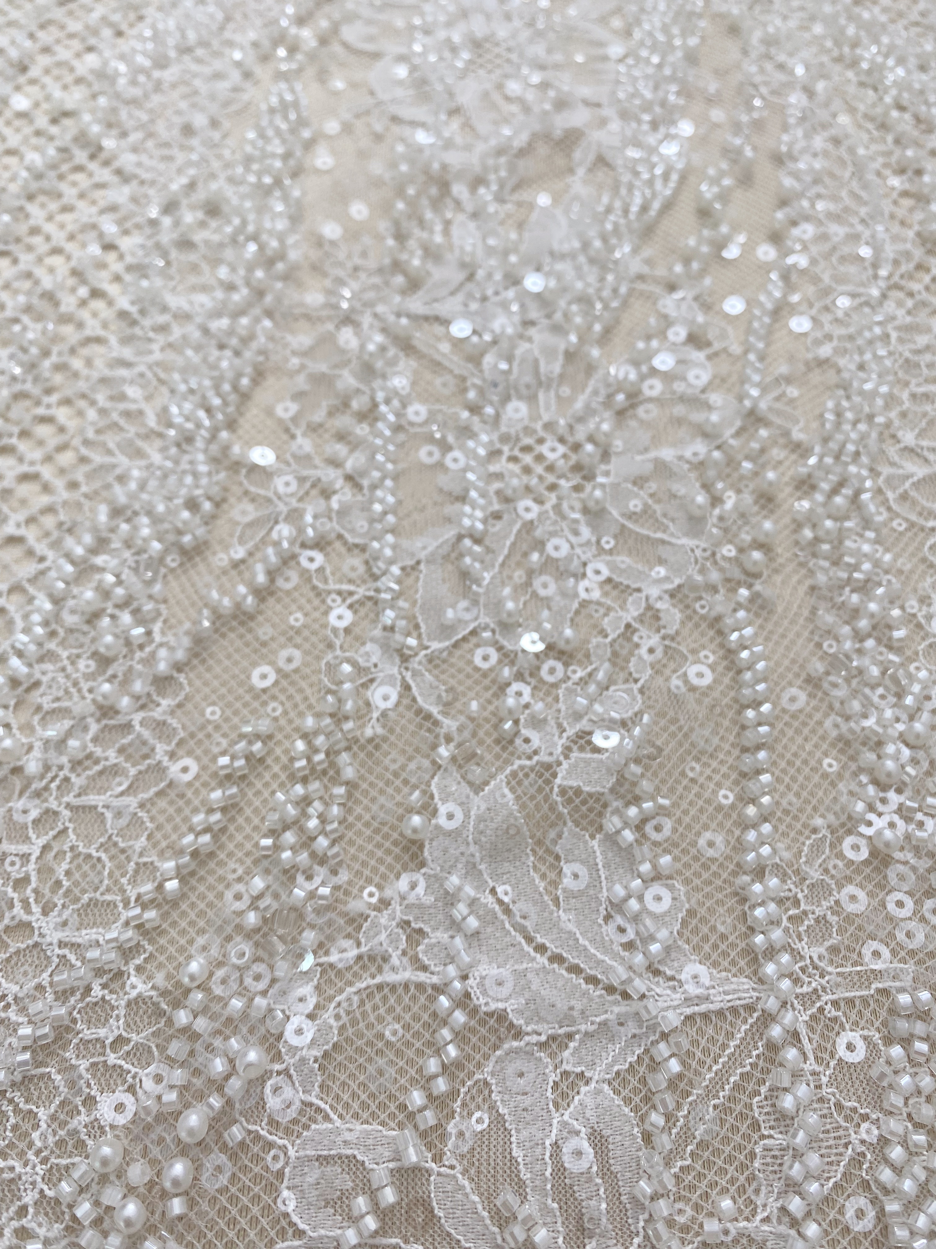 Ivory Beaded Chantilly Lace Fabric for Wedding Dress,Bridal Gown Veil,Sold by 3 Meter