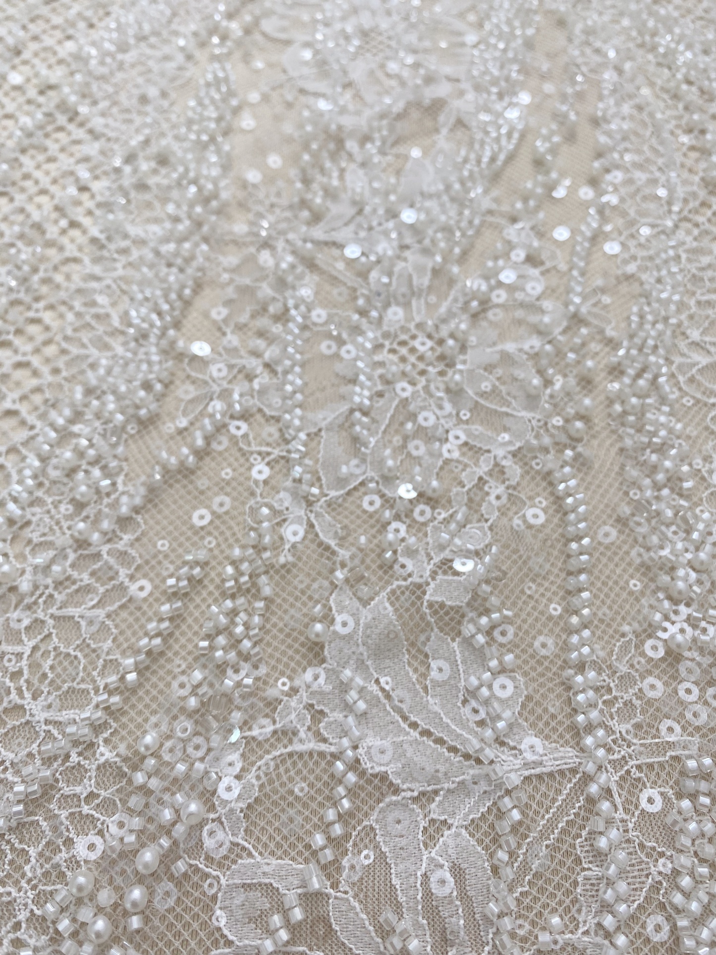 Ivory Beaded Chantilly Lace Fabric for Wedding Dress,Bridal Gown Veil,Sold by 3 Meter