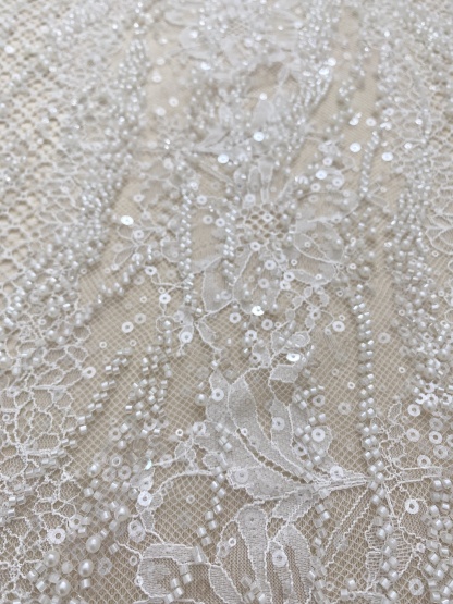 Ivory Beaded Chantilly Lace Fabric for Wedding Dress,Bridal Gown Veil,Sold by 3 Meter