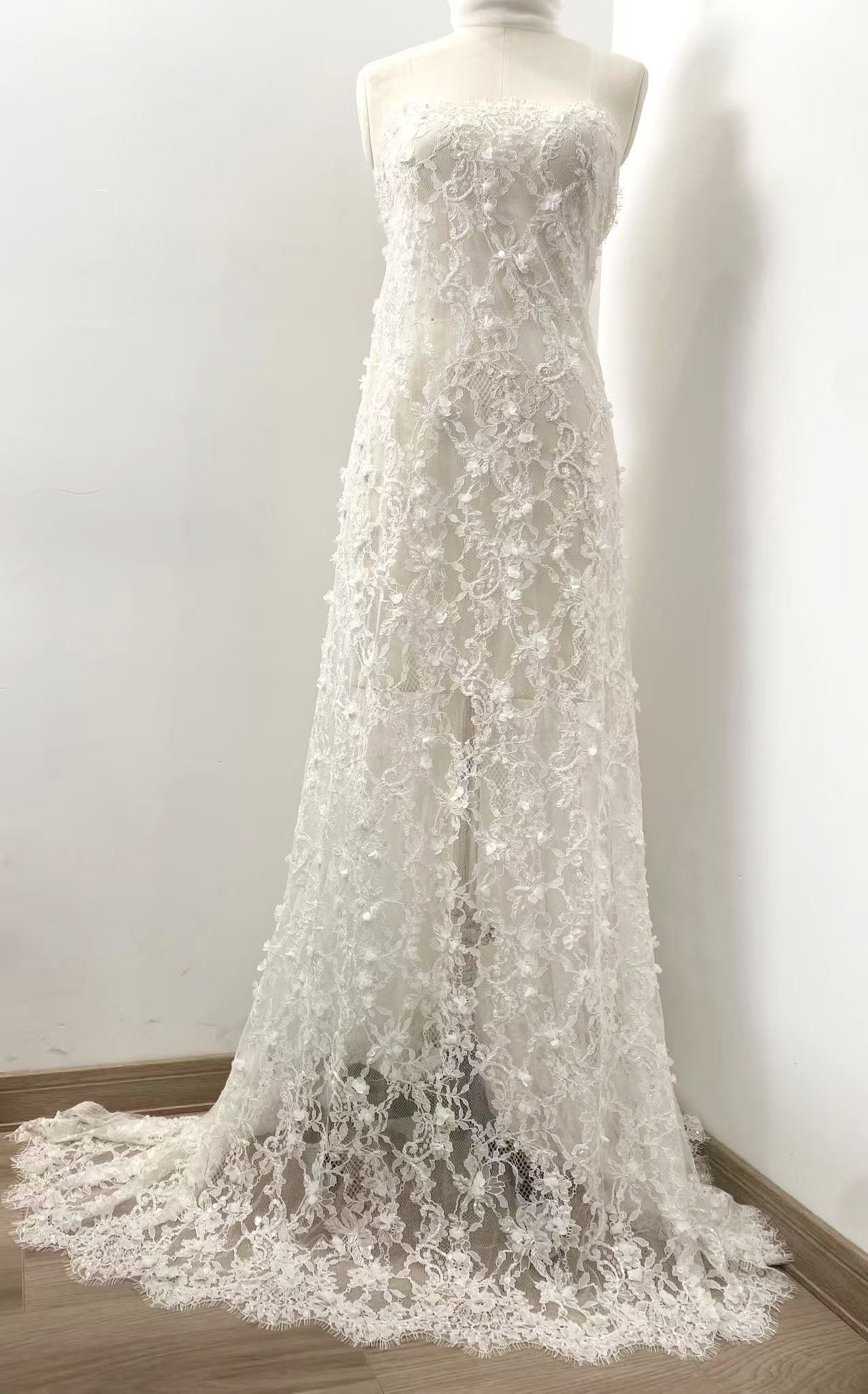 3 Meters White Bead Chantilly Lace Fabric with 3D Flower for Wedding Dress, Bridal Gown Veil, Alencon Lace Floral Trim Eyelash Edging