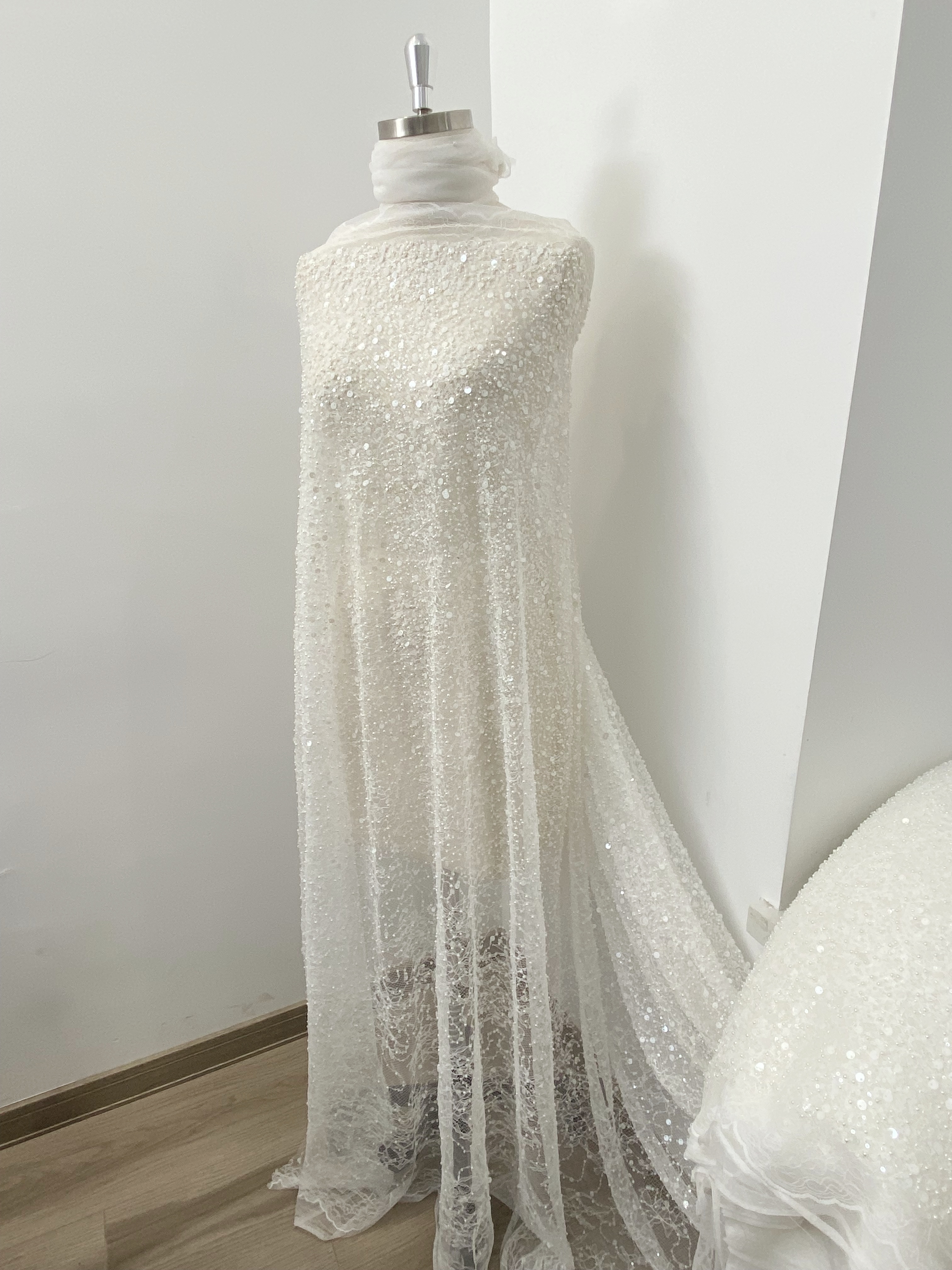 Luxury Beaded Tulle Lace Fabric, White Sequined Bridal Mesh by the Yard for Wedding Dress, Veil, Bridal Gown Embroidery, Floral Lace