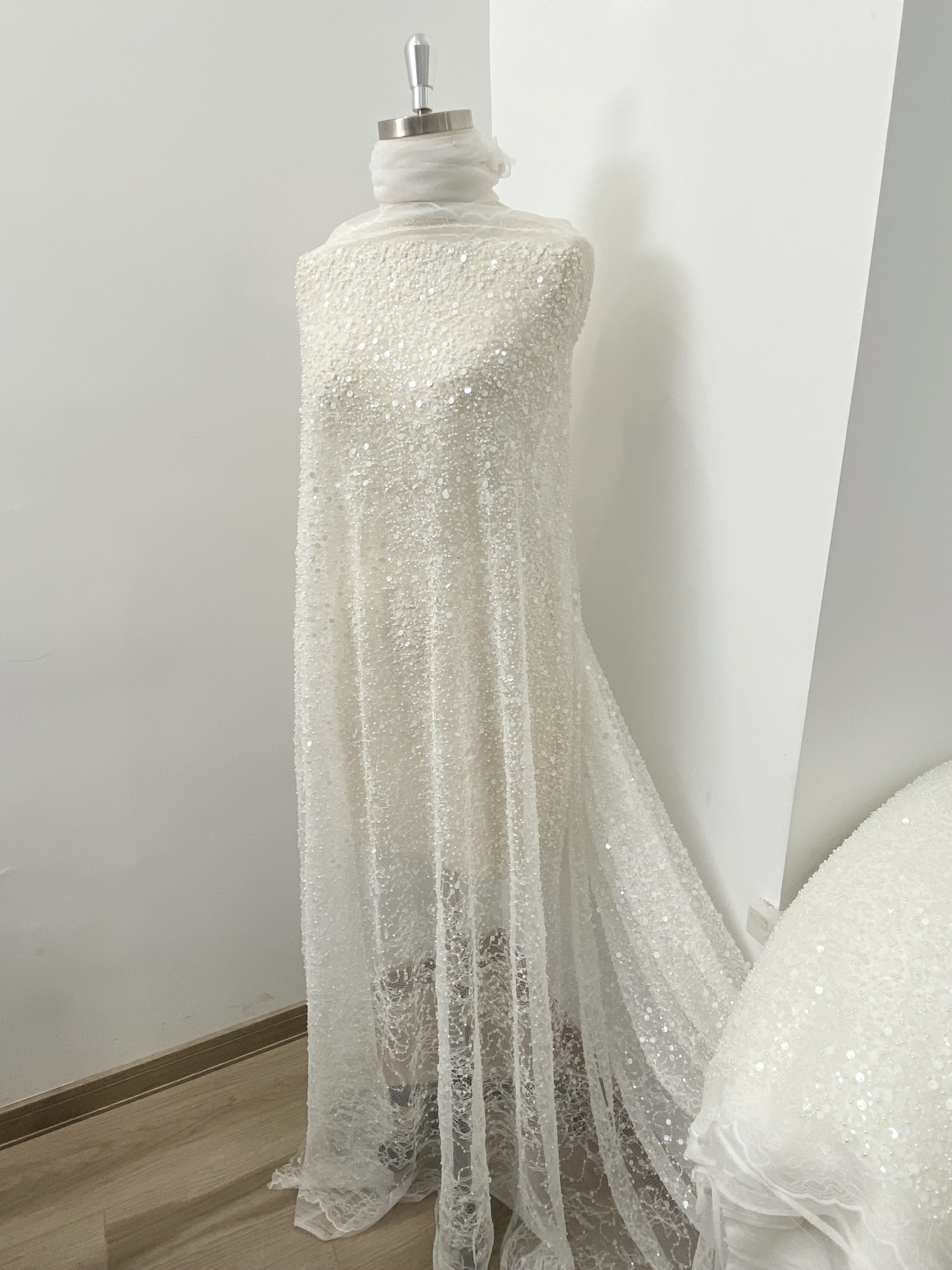 Luxury Beaded Tulle Lace Fabric, White Sequined Bridal Mesh by the Yard for Wedding Dress, Veil, Bridal Gown Embroidery, Floral Lace