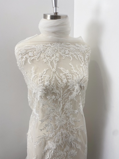 Sequin Floral Embroidery Lace Fabric by yard, Ivory Tulle Bridal Dress Lace for DIY sewing, Designer Dressmaking Supplies