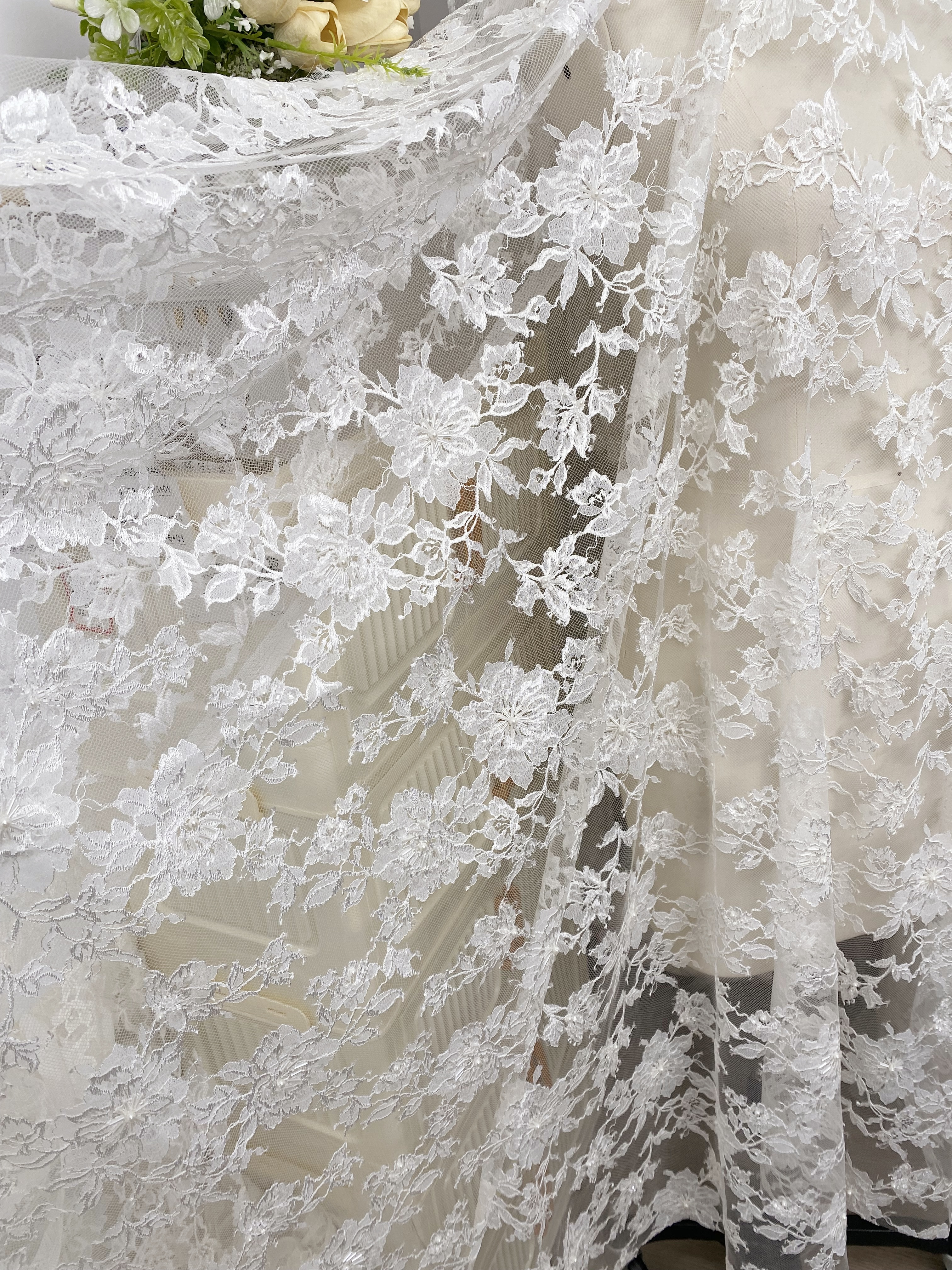 Ivory Floral Pearl lace Fabric for Bridal Wedding Dress, Gown,Romantic 3D Embroidery Tulle flower applique fabric by the yard