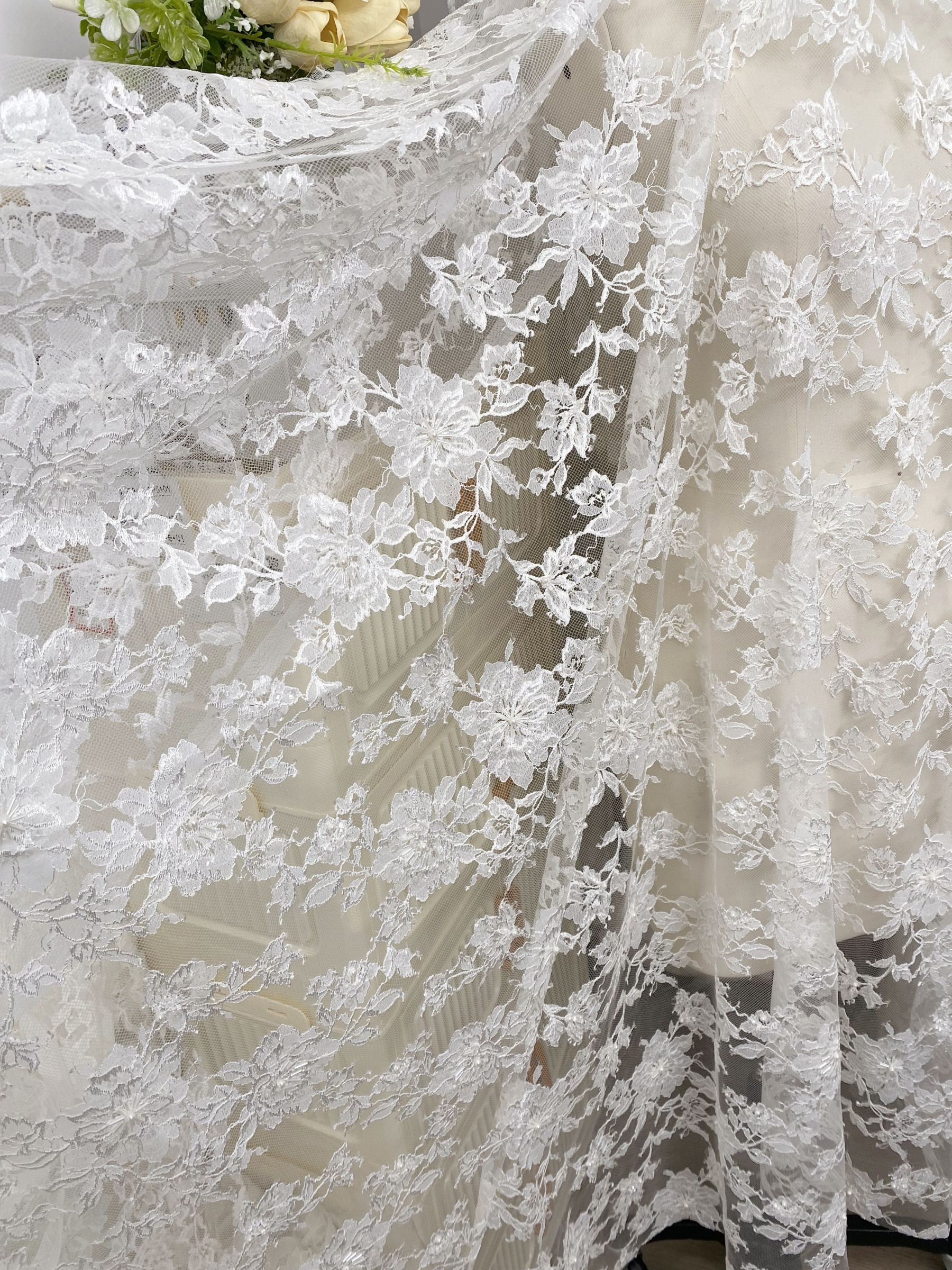 Ivory Floral Pearl lace Fabric for Bridal Wedding Dress, Gown,Romantic 3D Embroidery Tulle flower applique fabric by the yard