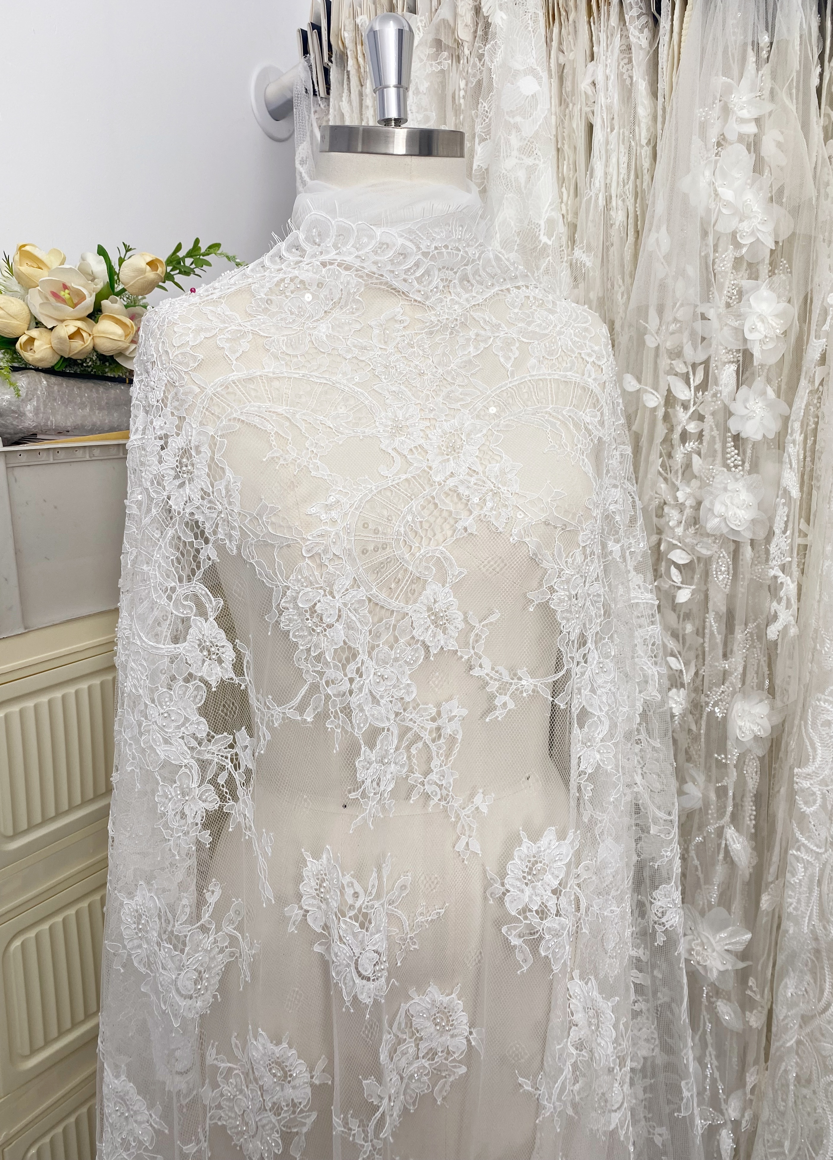 Ivory Beaded Chantilly Lace Fabric for Wedding Dress,Bridal Gown Veil,Sold by 3 Meter