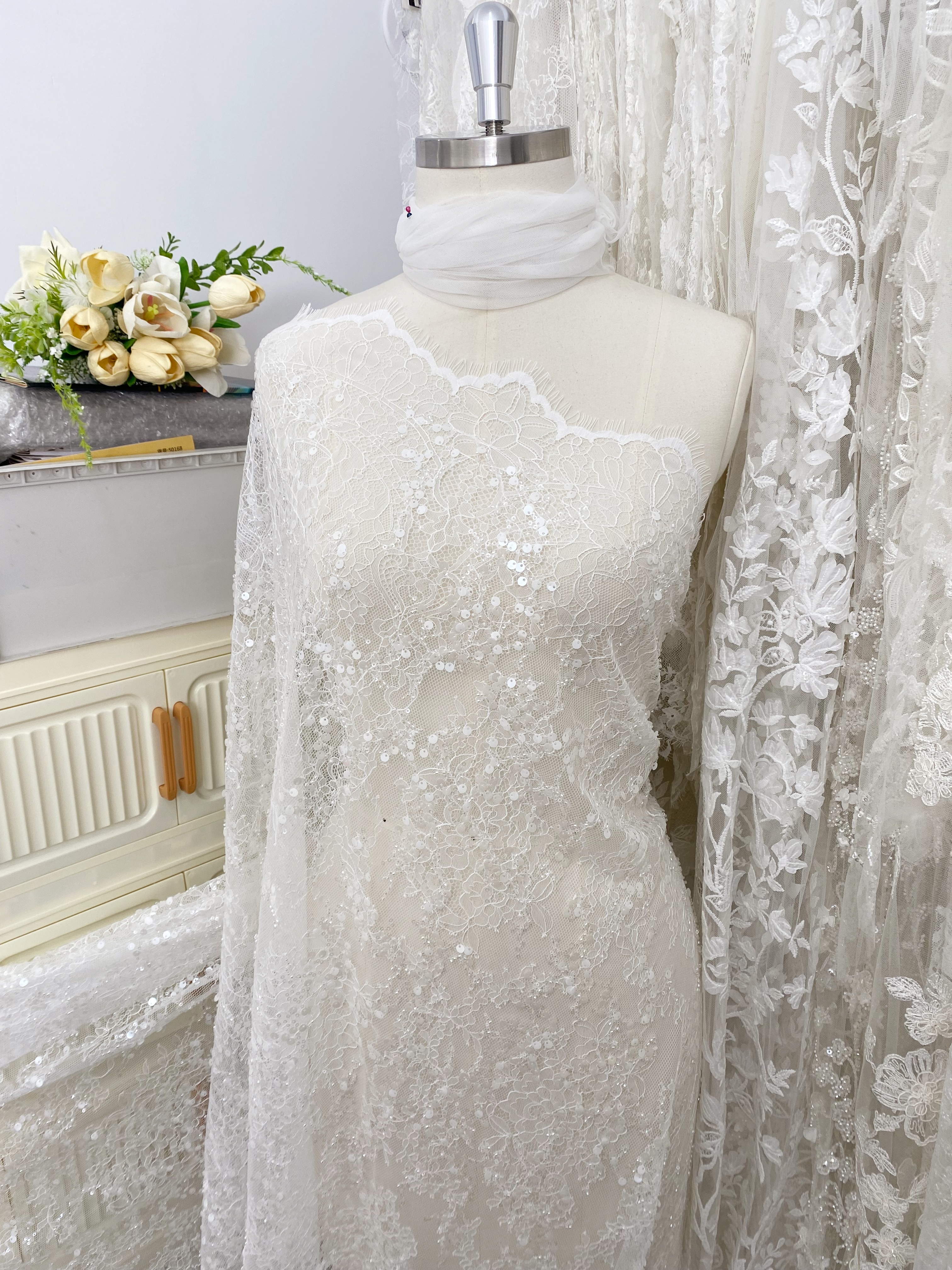 3 Meter French Chantilly Lace Fabric, Beaded Bridal Lace with Sequins, White Eyelash Lace Veil Lace Floral Lace for Wedding Dress
