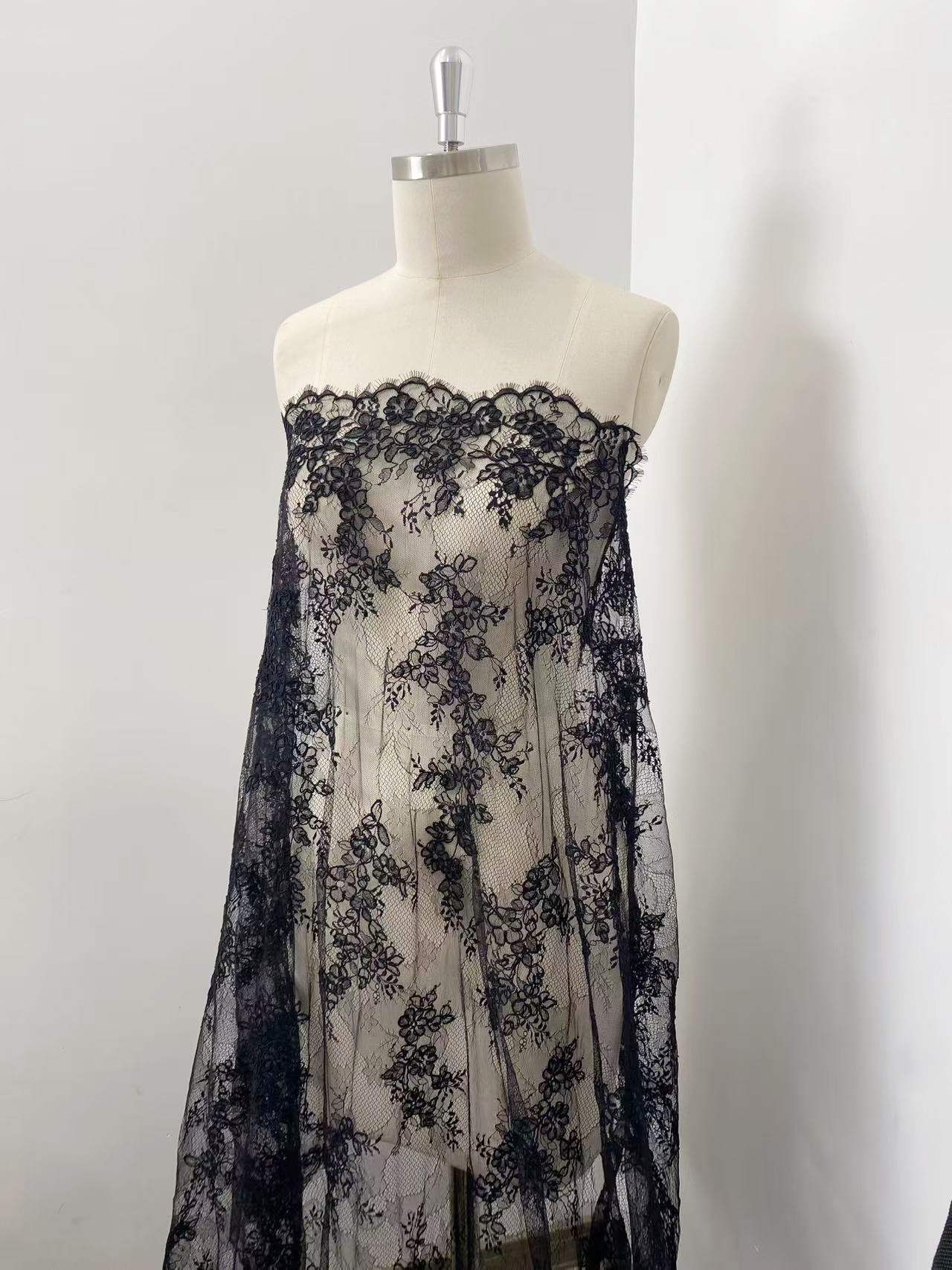 Black Chantilly lace fabric with cord, French bridal wedding lace, eyelash veil lace, scalloped floral lace, sold by 3 maters