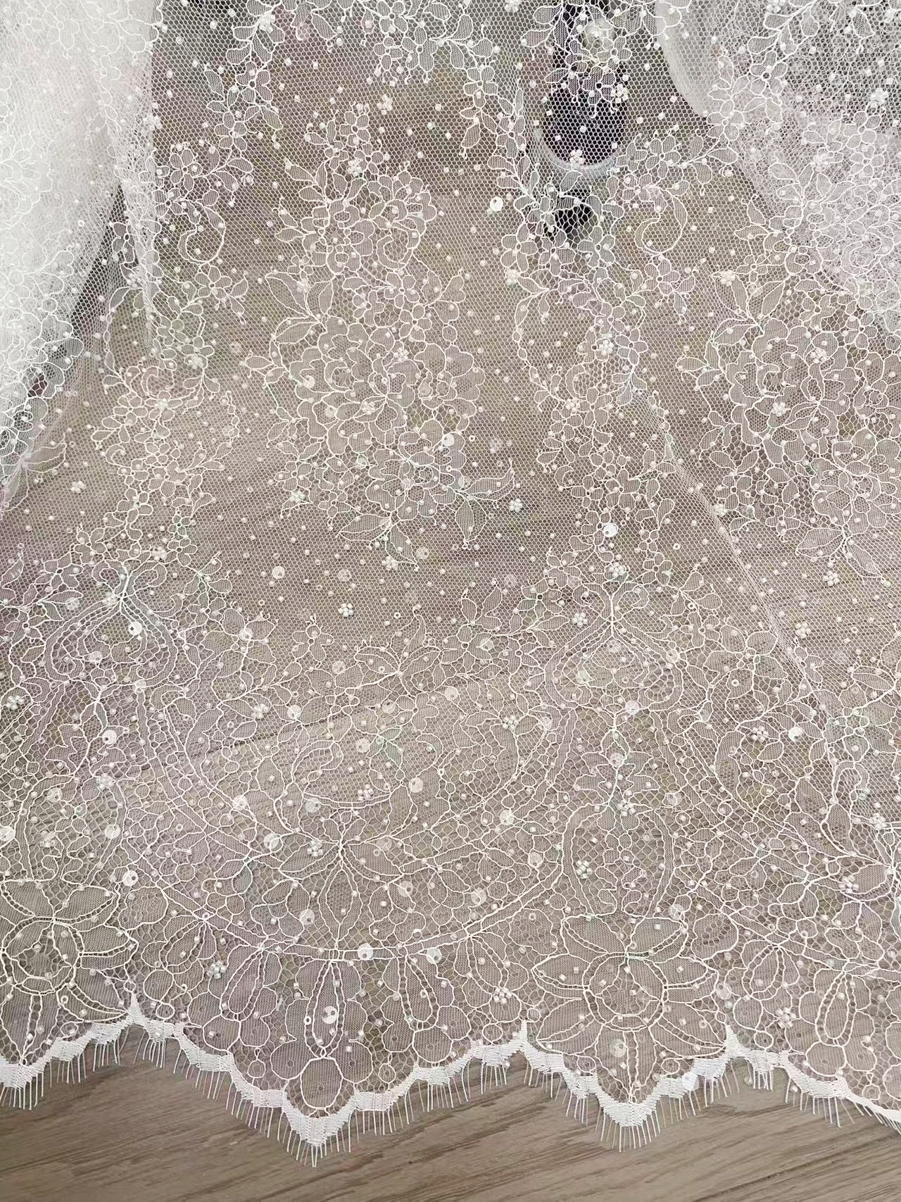 White Beaded Chantilly French Lace Fabric, Floral Embroidered Lace with Eyelash for Wedding Dress Veils, Sequin Bridal Lace,Sold by 3 Meters