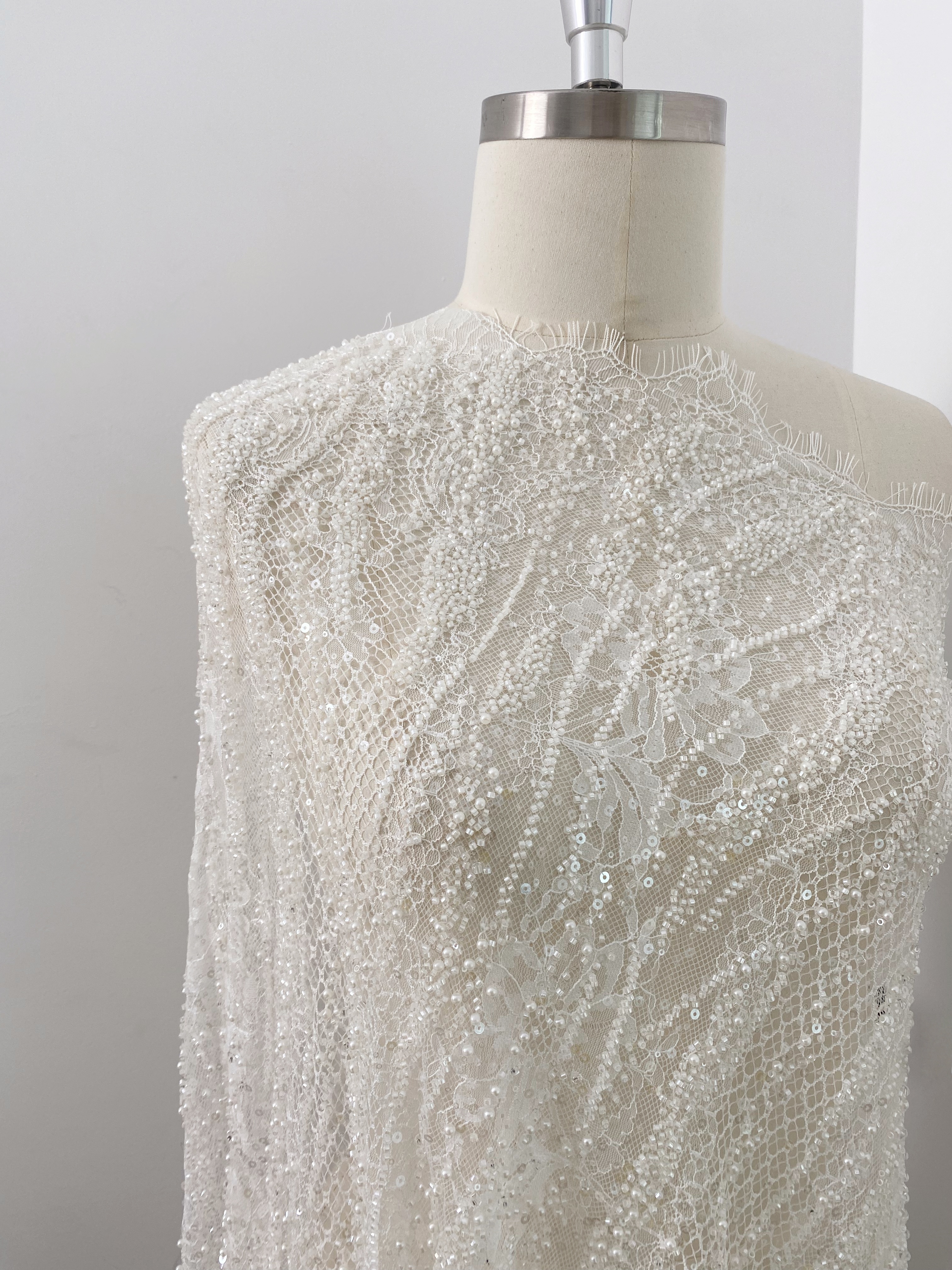 Ivory Beaded Chantilly Lace Fabric for Wedding Dress,Bridal Gown Veil,Sold by 3 Meter