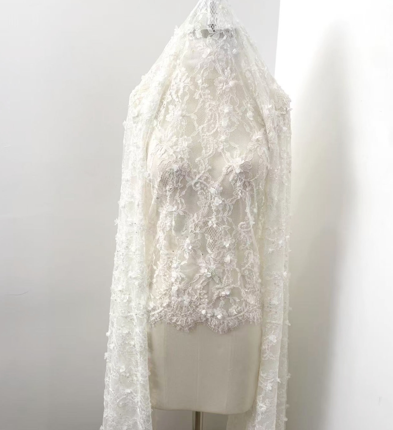 3 Meters White Bead Chantilly Lace Fabric with 3D Flower for Wedding Dress, Bridal Gown Veil, Alencon Lace Floral Trim Eyelash Edging