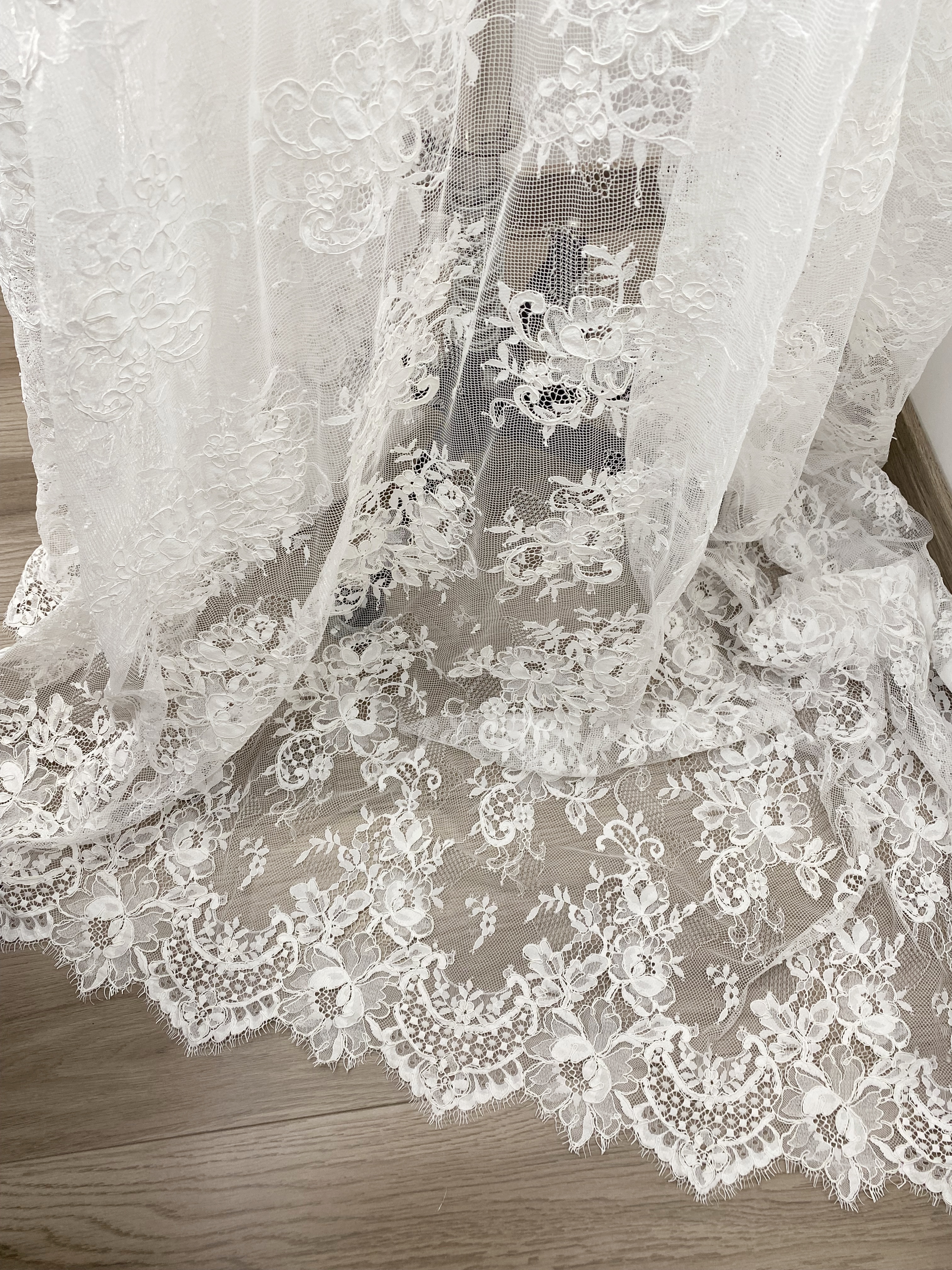 3 Meters French Chantilly Lace Fabric with Corded and Eyelash, Floral Embroidery Lace Scallop Edges for Bridal Wedding Dress, Veil