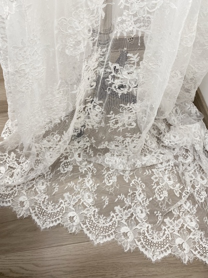 3 Meters French Chantilly Lace Fabric with Corded and Eyelash, Floral Embroidery Lace Scallop Edges for Bridal Wedding Dress, Veil