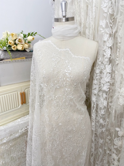 3 Meter French Chantilly Lace Fabric, Beaded Bridal Lace with Sequins, White Eyelash Lace Veil Lace Floral Lace for Wedding Dress