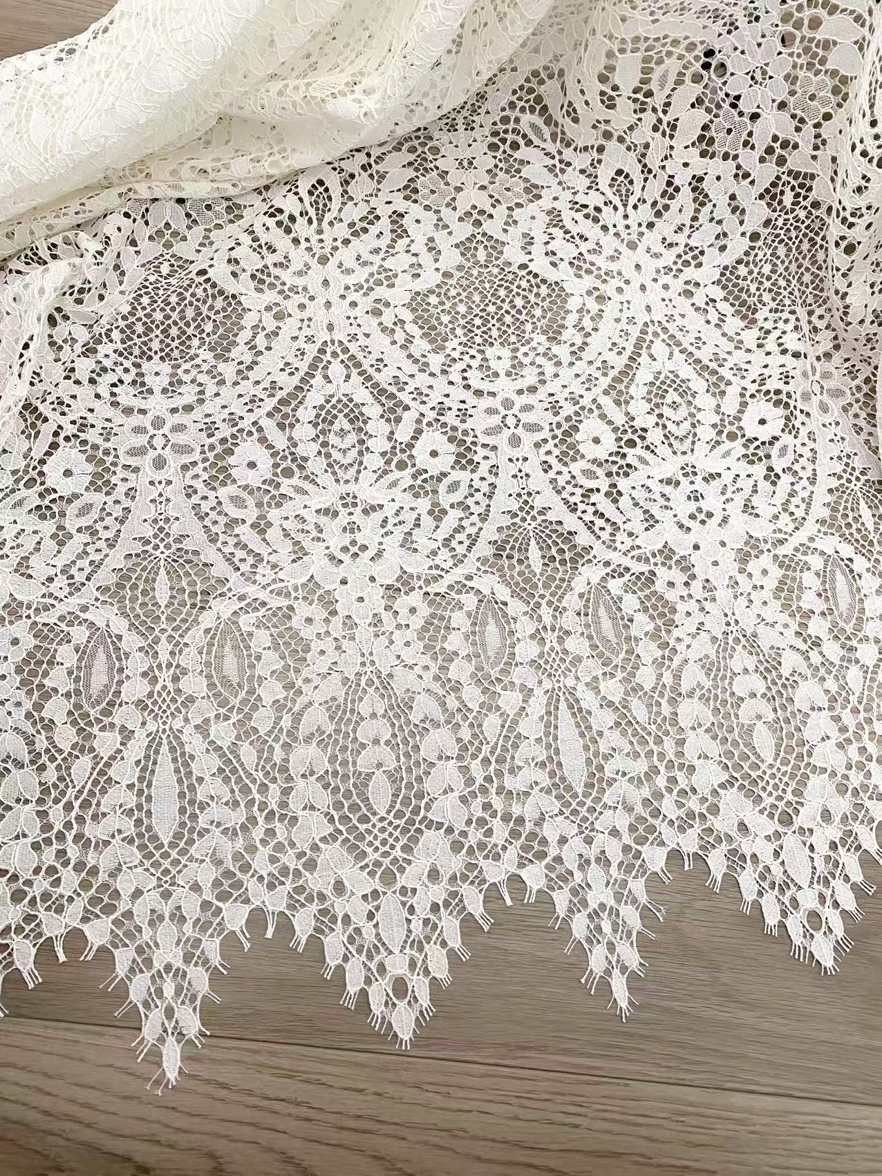 Ivory Floral French Chantilly Lace Fabric, Wedding Lace with Scalloped Edges, Eyelash Bridal Lace, Vintage Alençon Lace, sold by 3 Meters