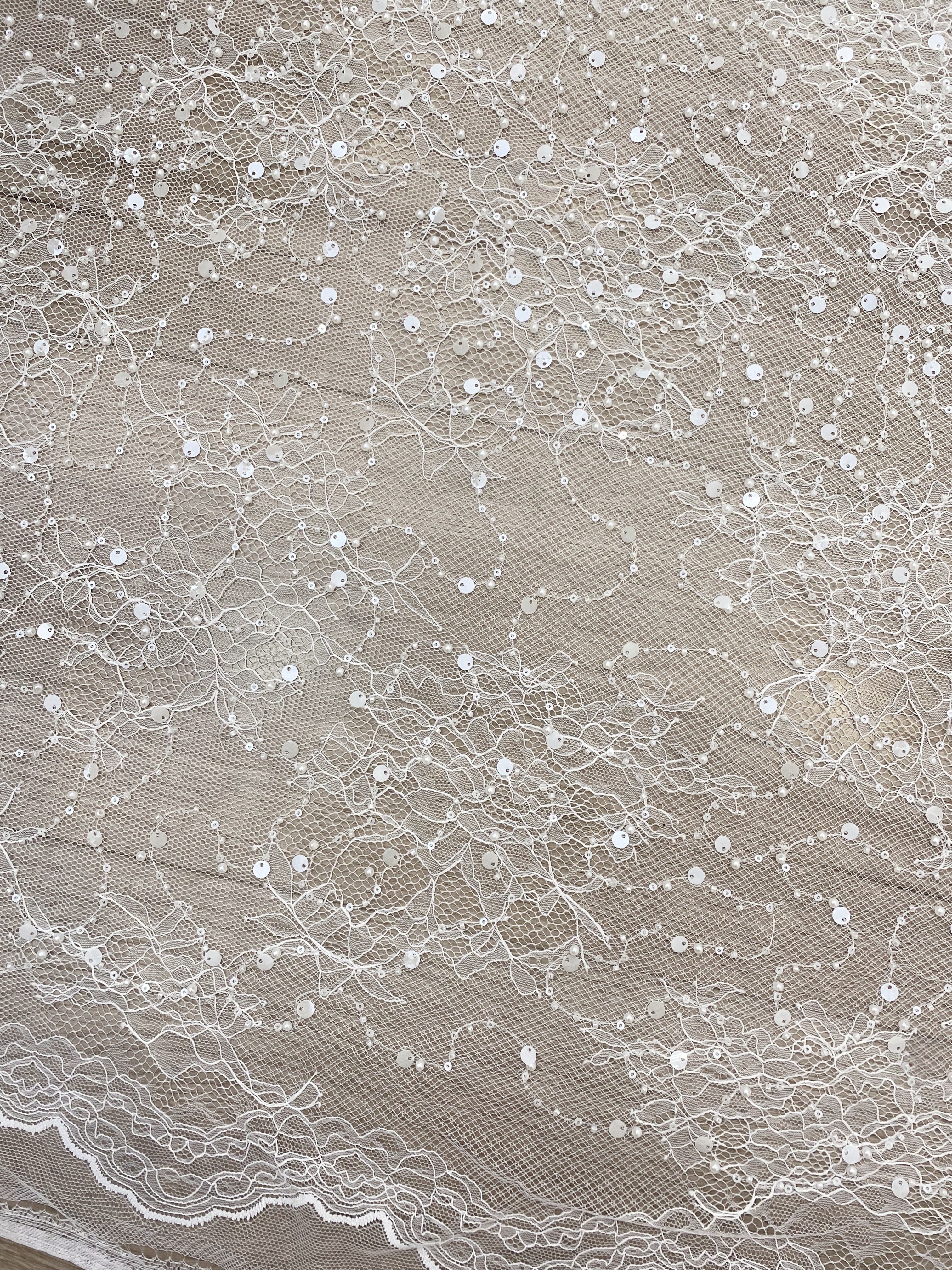 Luxury Beaded Tulle Lace Fabric, White Sequined Bridal Mesh by the Yard for Wedding Dress, Veil, Bridal Gown Embroidery, Floral Lace