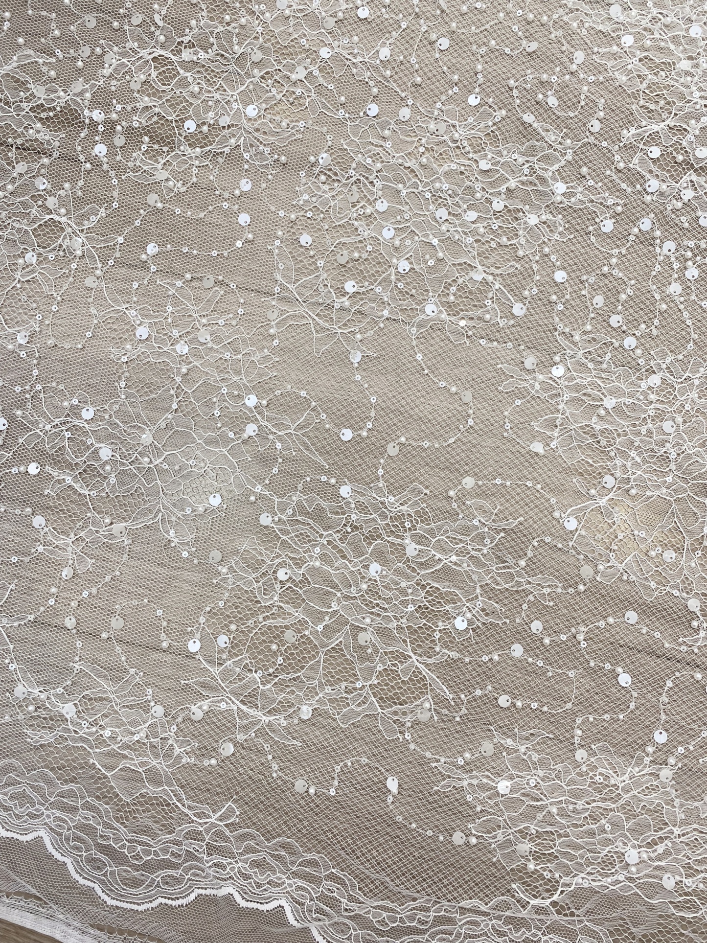 Luxury Beaded Tulle Lace Fabric, White Sequined Bridal Mesh by the Yard for Wedding Dress, Veil, Bridal Gown Embroidery, Floral Lace