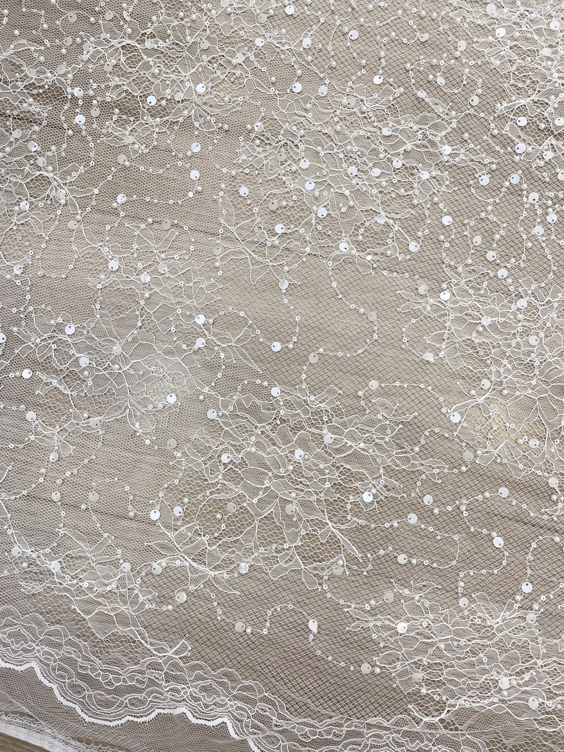 Luxury Beaded Tulle Lace Fabric, White Sequined Bridal Mesh by the Yard for Wedding Dress, Veil, Bridal Gown Embroidery, Floral Lace